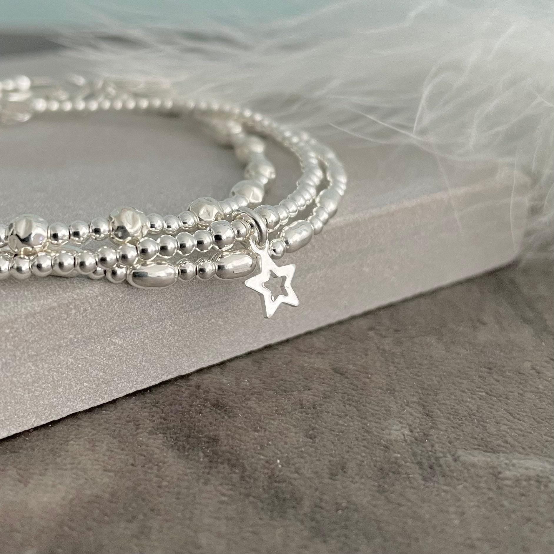 Set of 3 Sterling Silver Layering Bracelets, Star Charm Stacking Bracelet Set