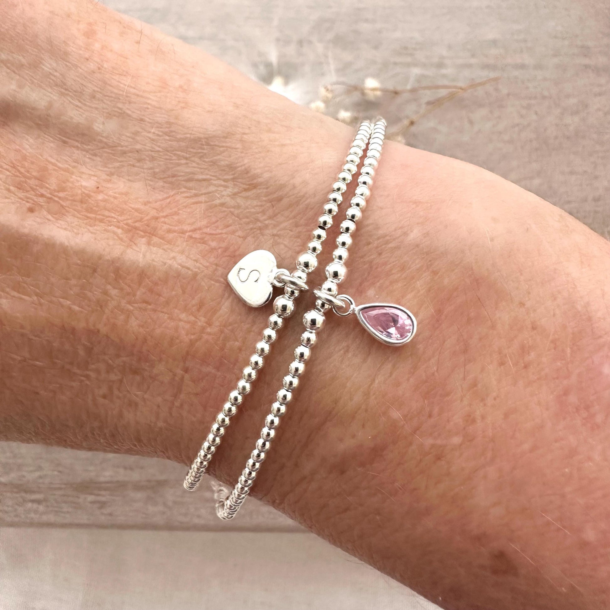 Personalised Initial and Birthstone Bracelet Set in Sterling Silver, Stacking Bracelets with birthstone