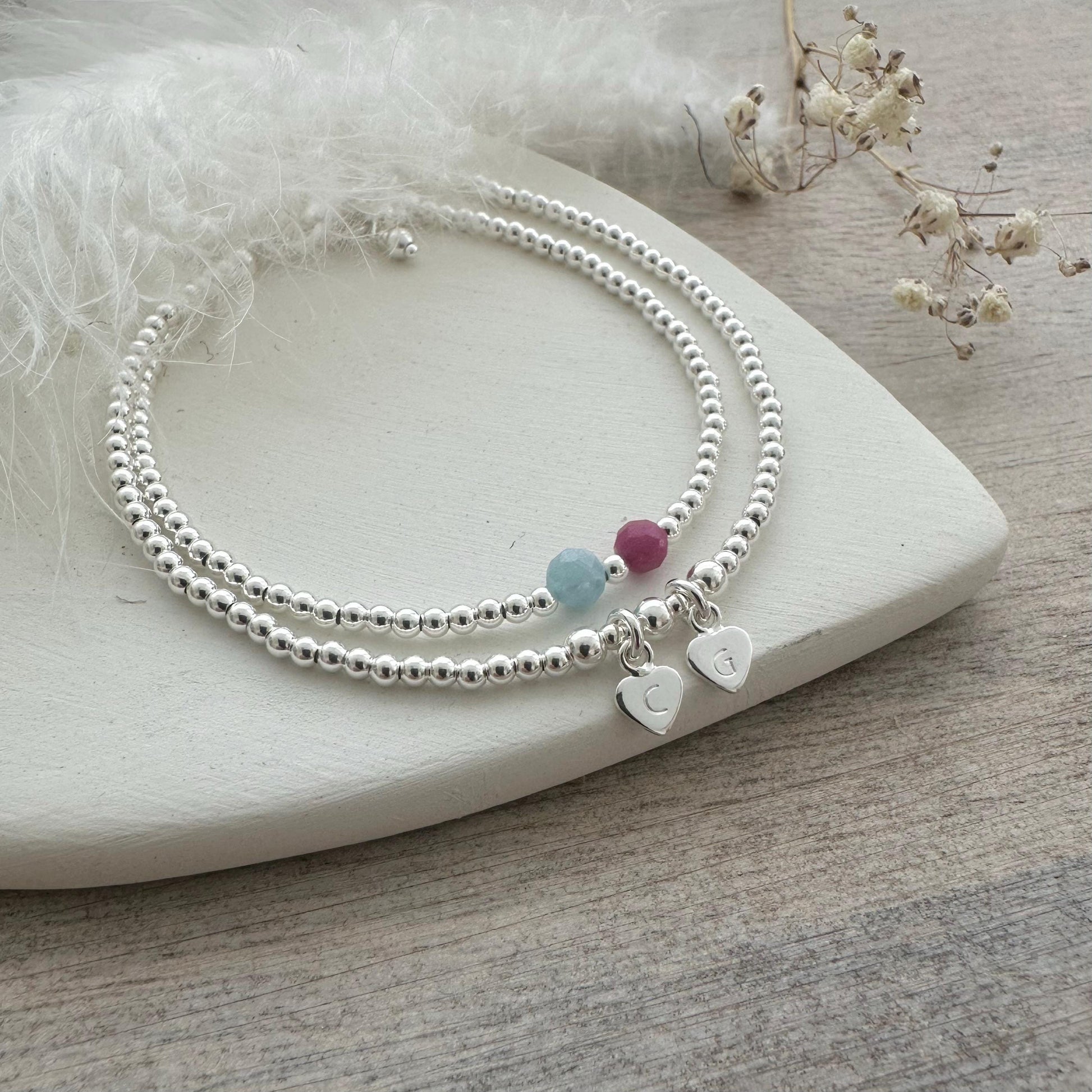 Family Birthstone & Initial Two Bracelet Set, Dainty Family Jewellery