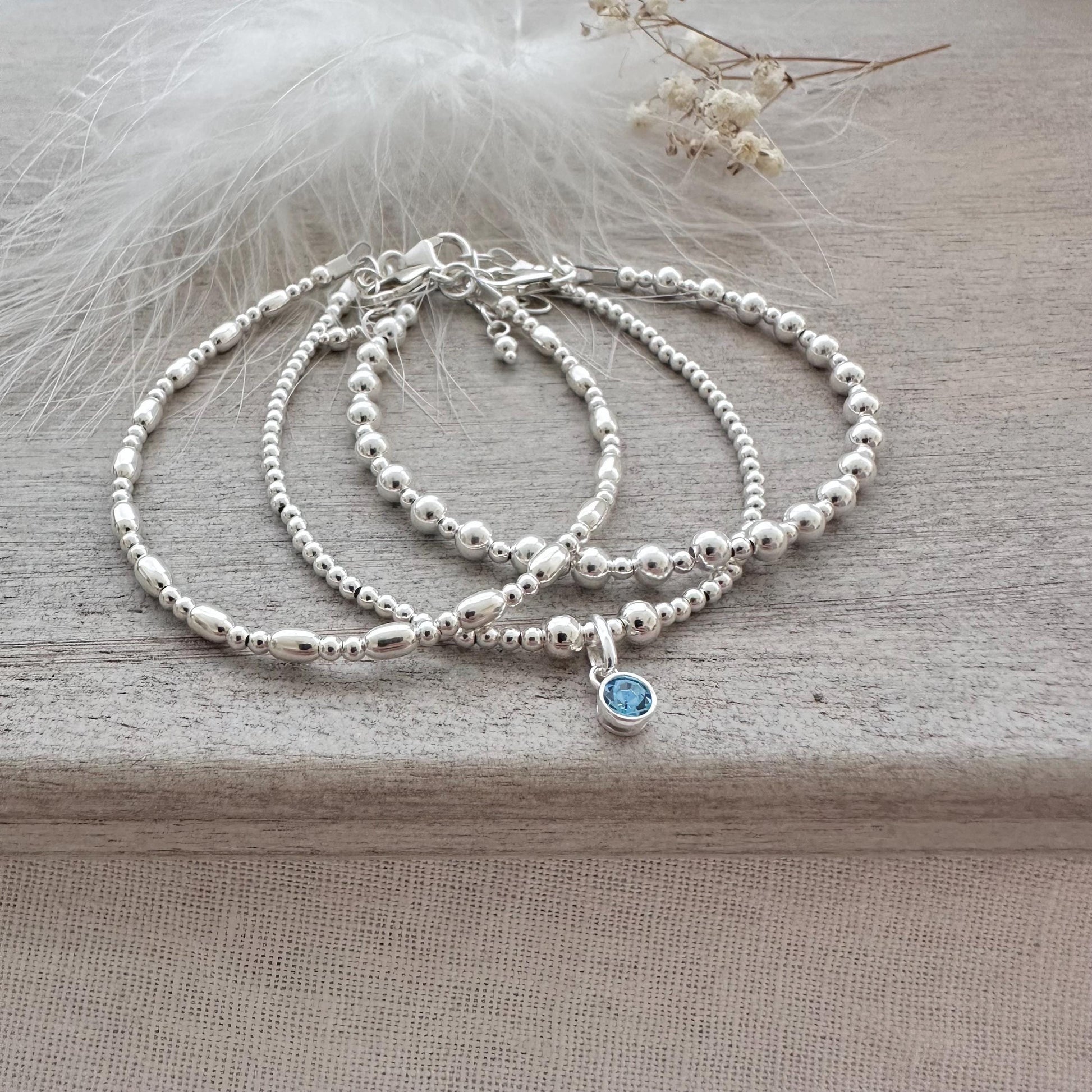 Layering Bracelet Set with birthstone, Sterling Silver Stacking Bracelet Set