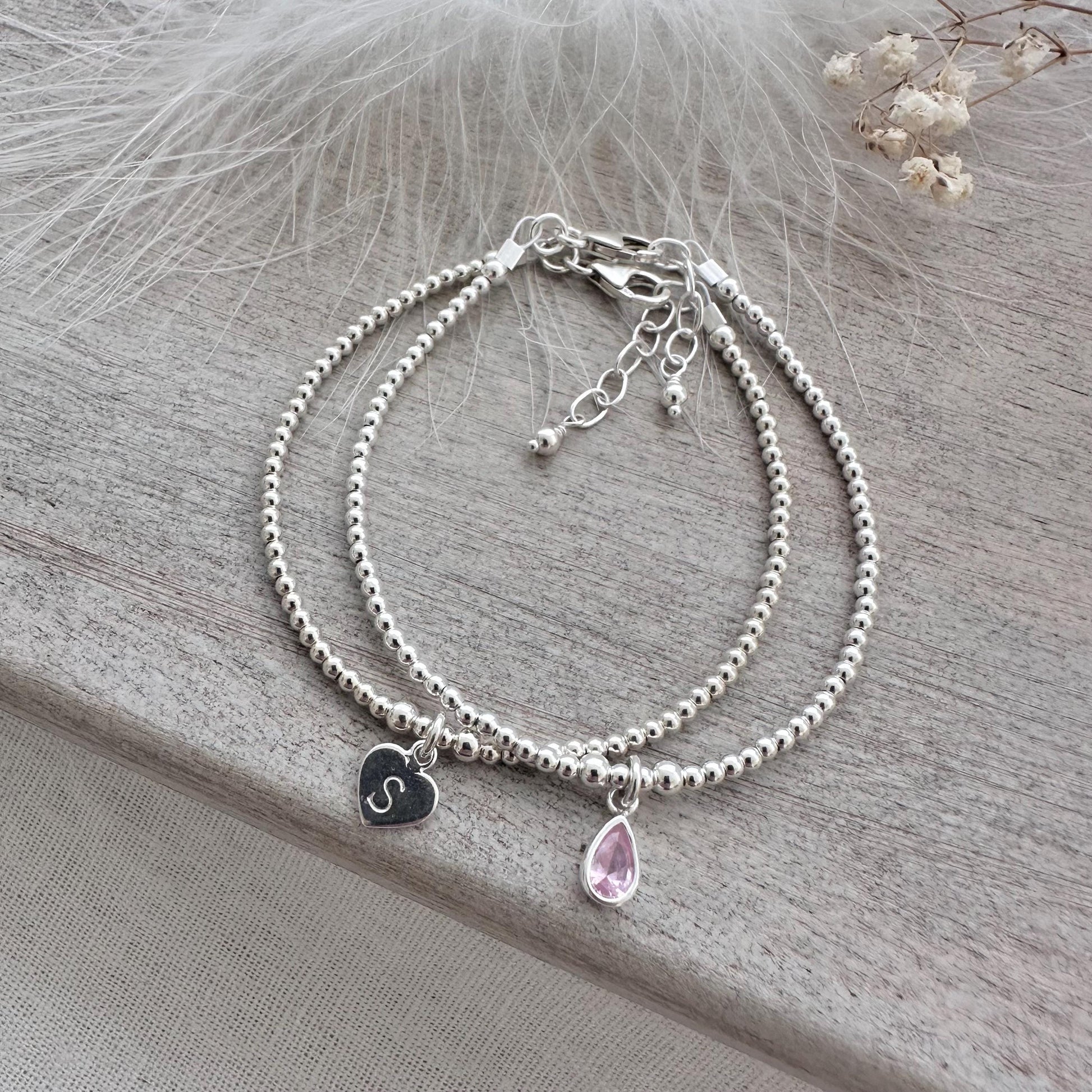 Personalised Initial and Birthstone Bracelet Set in Sterling Silver, Stacking Bracelets with birthstone