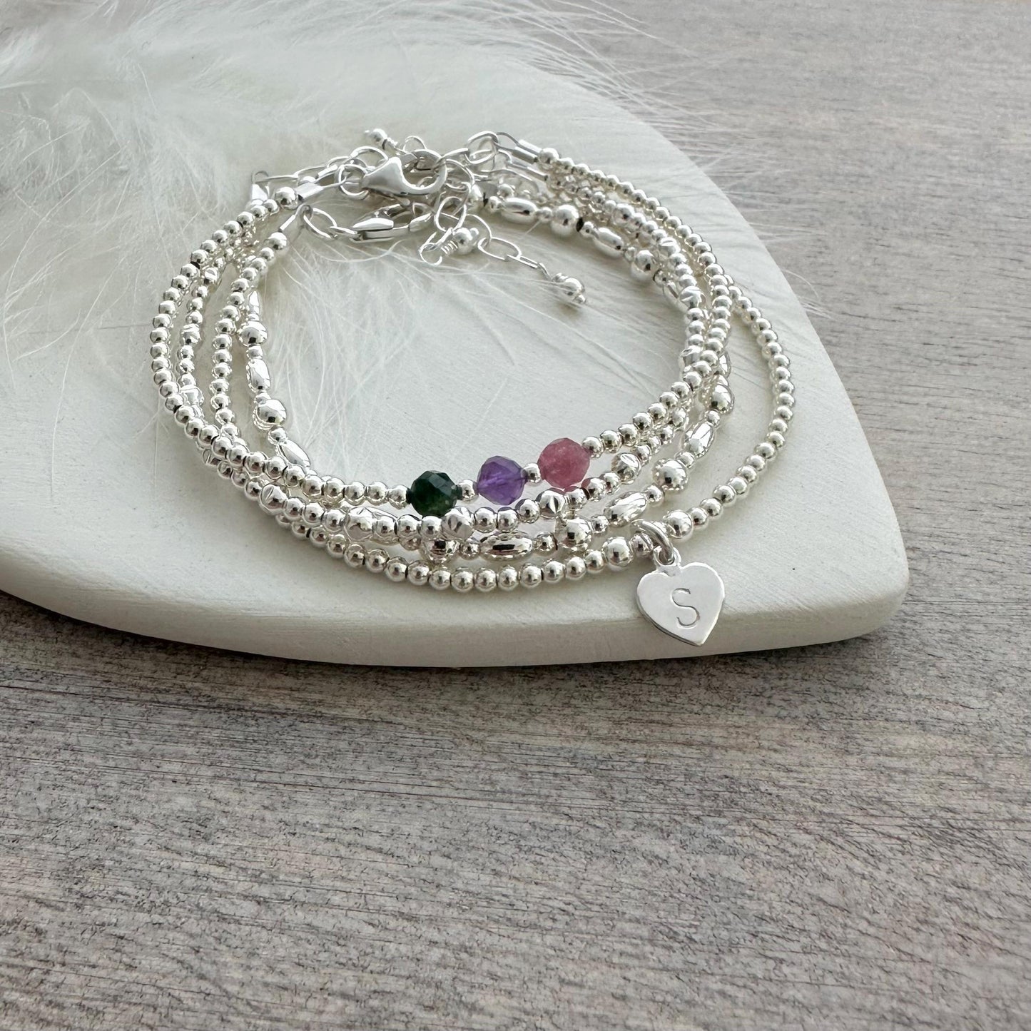 Set of Family Birthstone Stacking Bracelets, Initial Bracelet