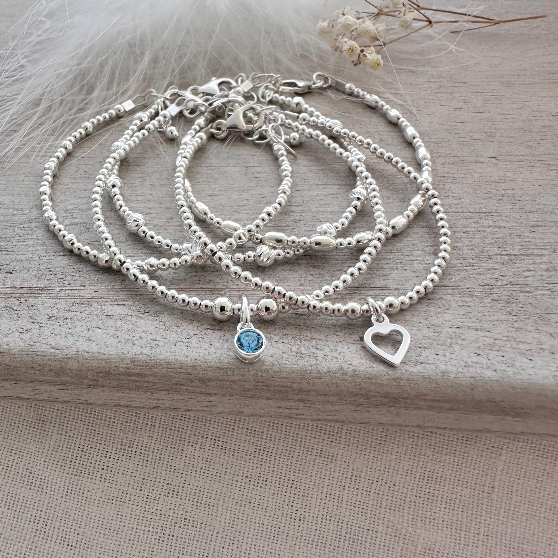 5 Bracelet Stack with Crystal Birthstone, Heart Bracelet Set in Sterling Silver