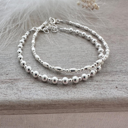 Silver Bead Bracelet Set, Sterling Silver Layering Bracelets for women