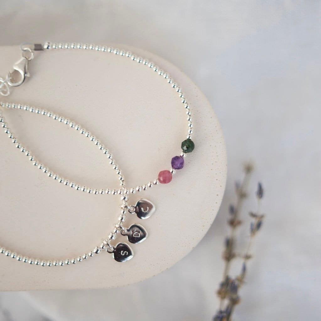 Two Bracelet Set for Mums Personalised Family Birthstones & Initials, Dainty Sterling Silver Family Jewellery for Mothering Sunday Gift