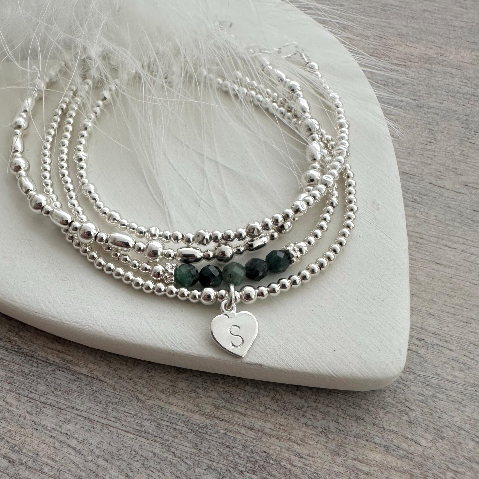 Birthstone Bead Bracelet Set in Sterling Silver, Personalised Layering Bracelet Set for Women