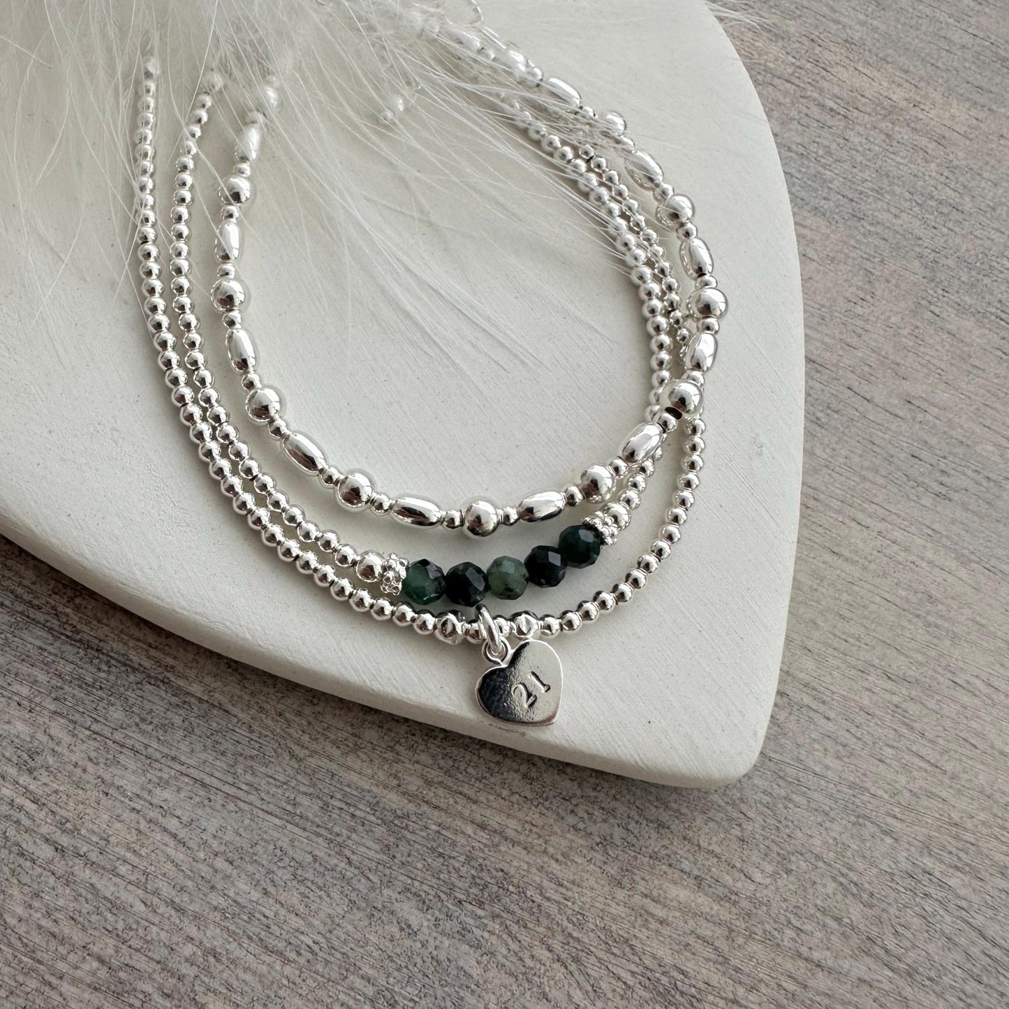 Birthstone Bead & Age Bracelet Set in Sterling Silver, 16th 18th 21st 30th 40th 50th 60th Layering Bracelet Set for Women