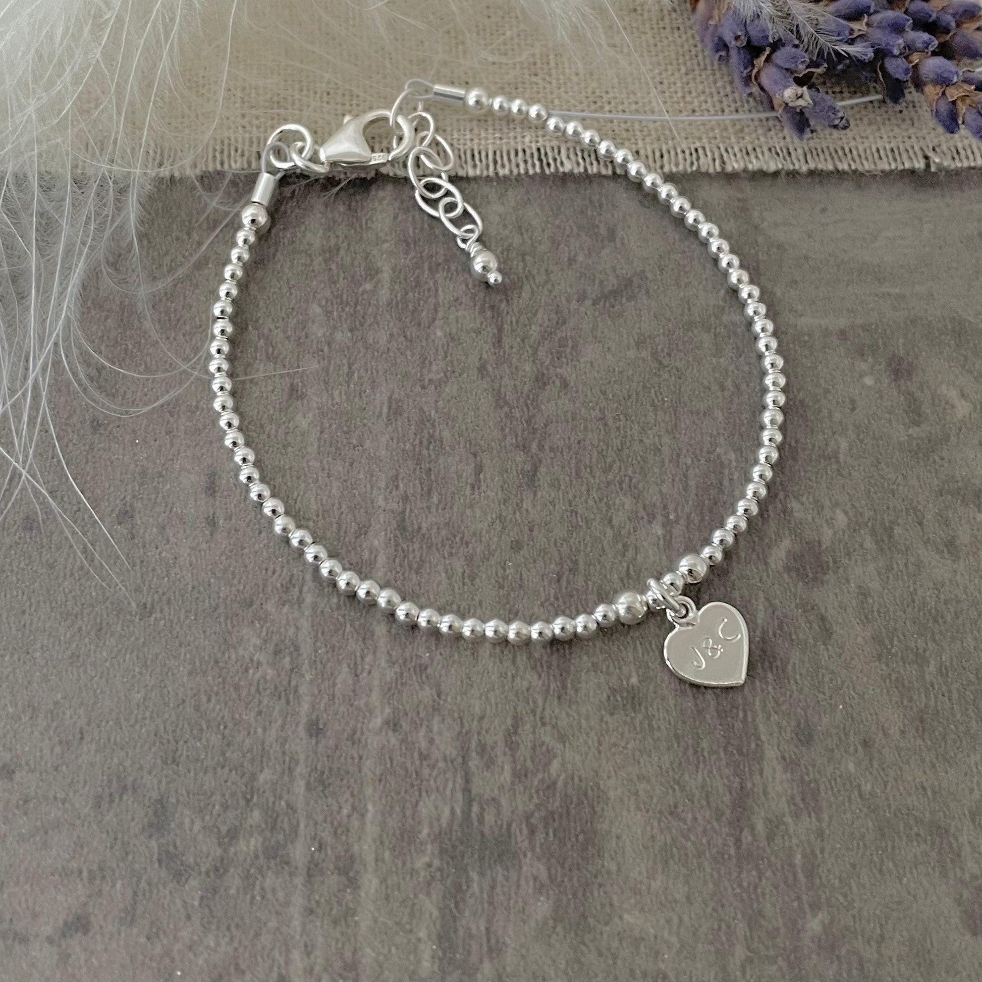 Valentines Day Bracelet in Sterling Silver, Couples Initials on Dainty Personalised Bracelet