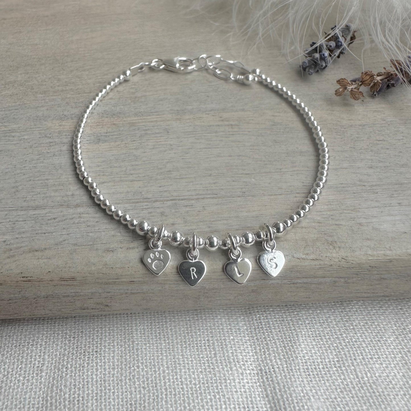 Pet Initials Personalised Initial Bracelet, Paw Cat Dog lovers gift Dainty Sterling Silver Jewellery