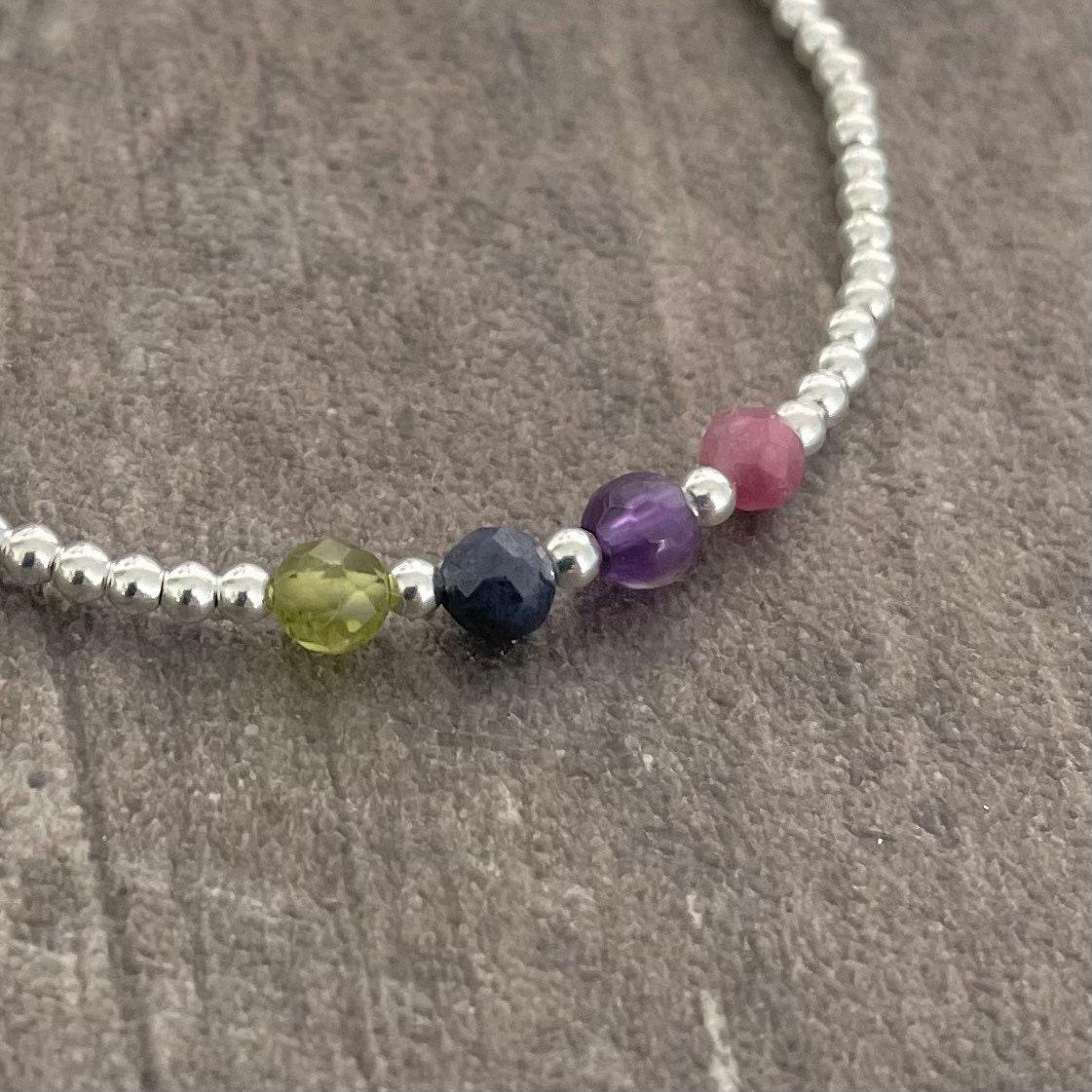 Mothers Day Gift Family Birthstone Bracelet for Mum, Dainty Silver Bracelet