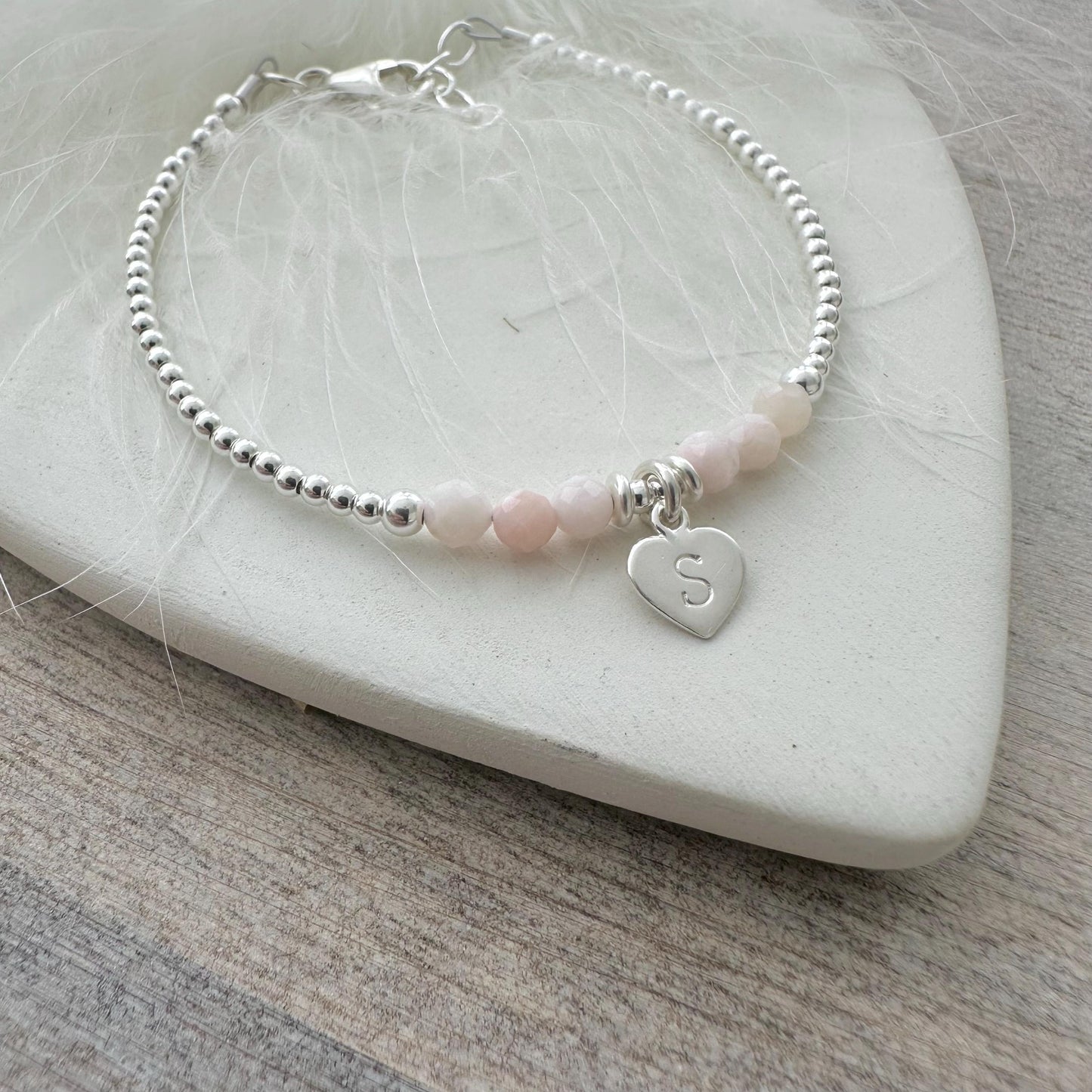 Personalised Pink Opal October Birthstone Bracelet, Dainty Sterling Silver Bracelet