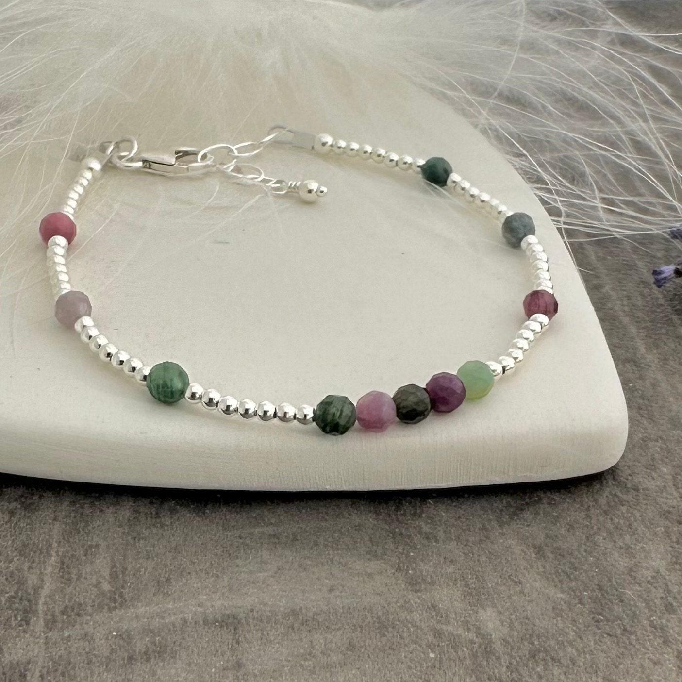 Dainty mixed colour tourmaline bracelet in Sterling Silver, October birthstone