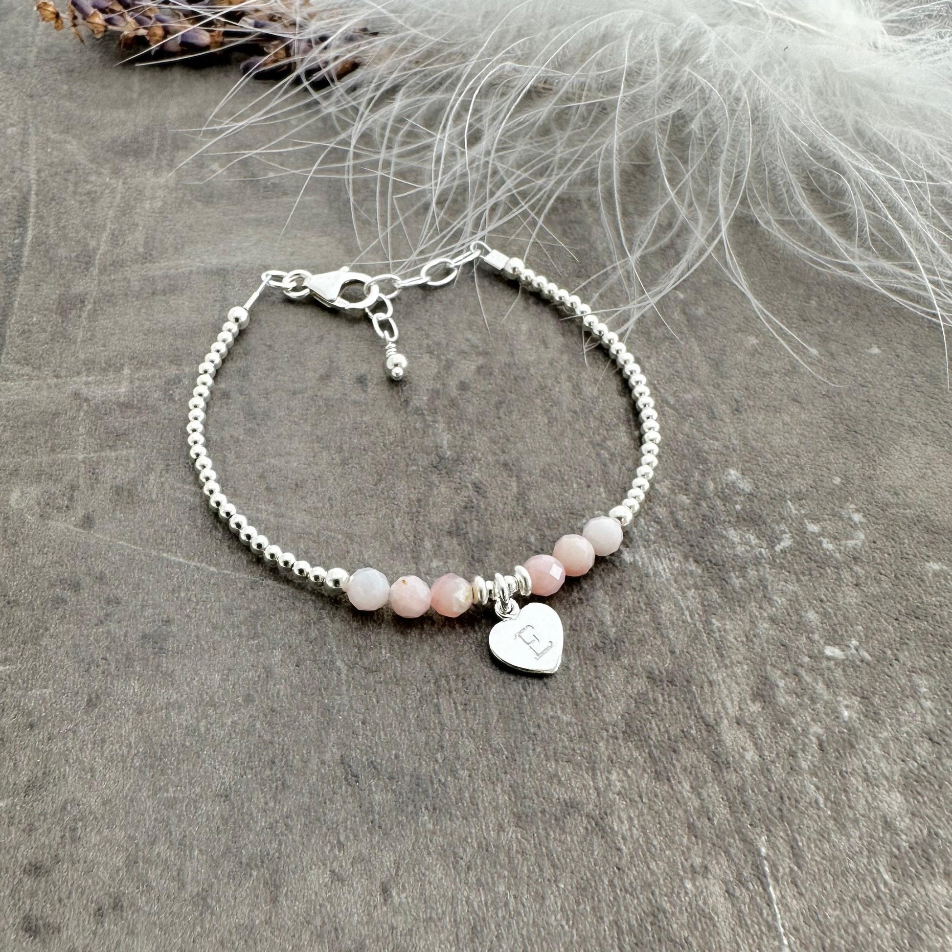 Personalised Pink Opal October Birthstone Bracelet, Dainty Sterling Silver Bracelet