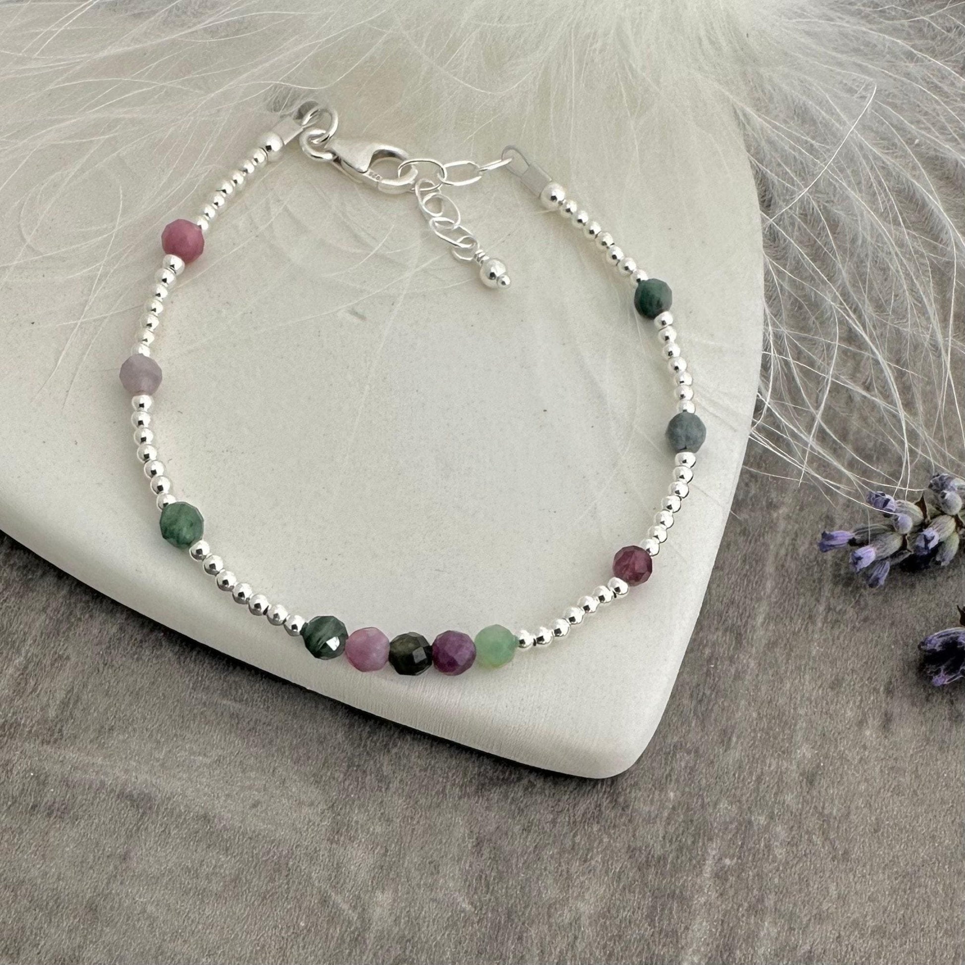 Dainty mixed colour tourmaline bracelet in Sterling Silver, October birthstone