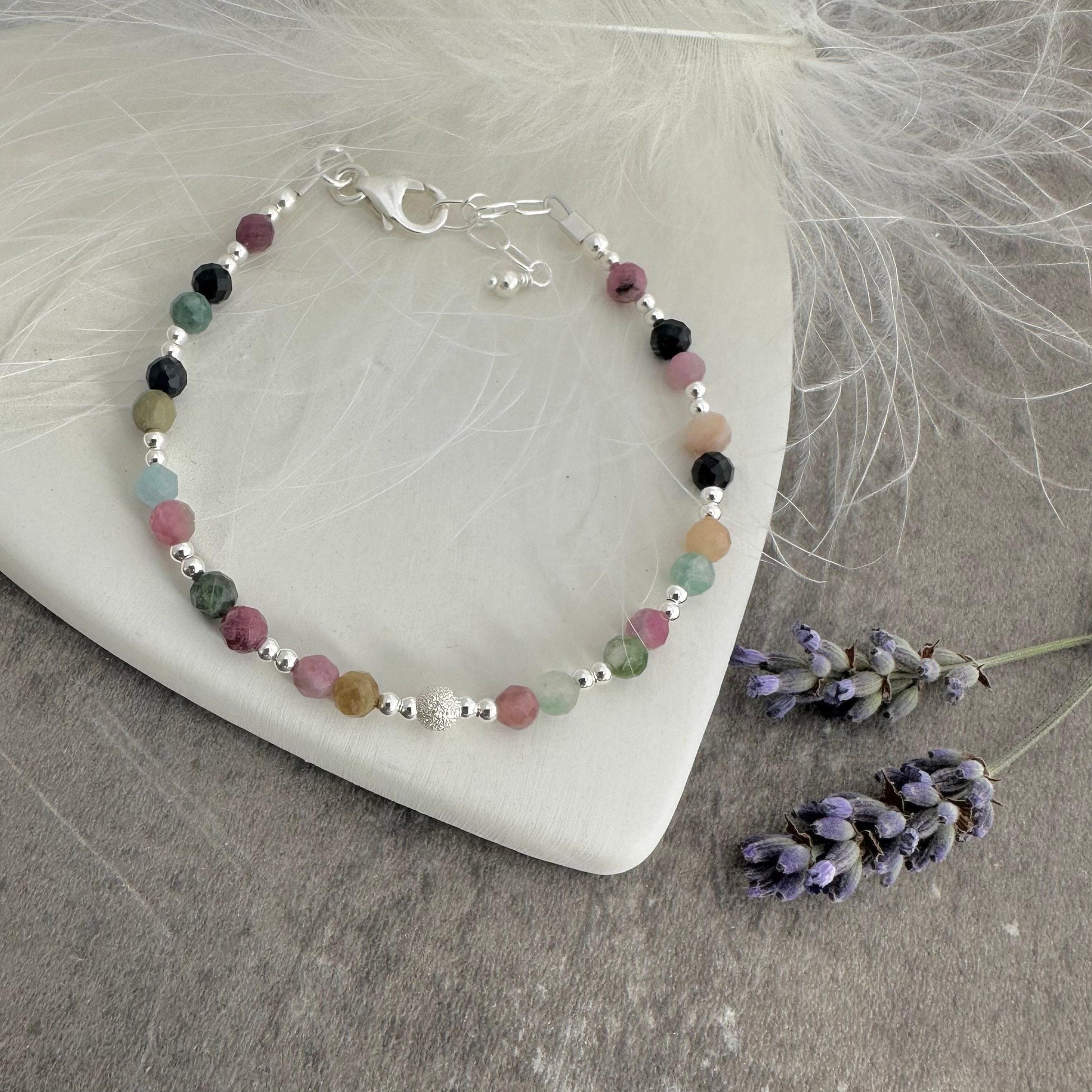 October Birthstone Bracelet, Dainty Tourmaline Bracelet in Sterling Silver