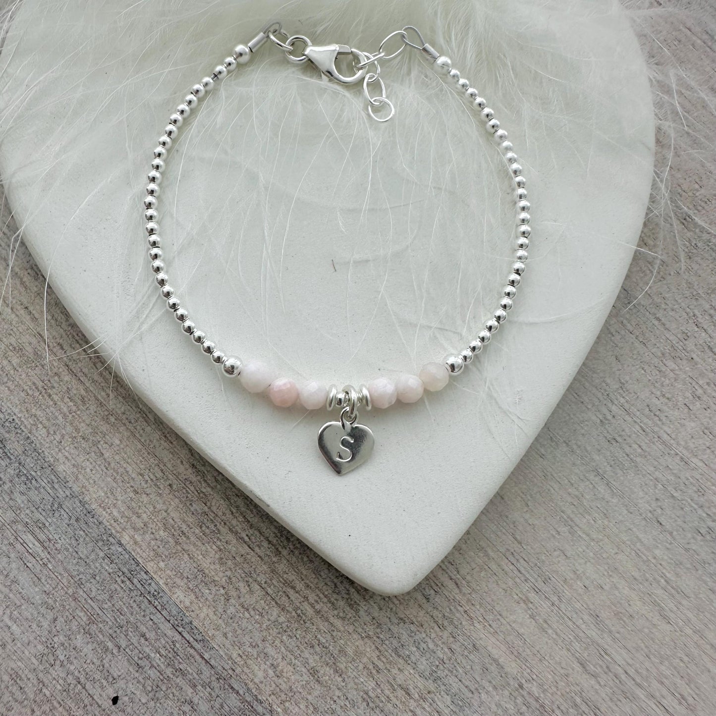 Personalised Pink Opal October Birthstone Bracelet, Dainty Sterling Silver Bracelet