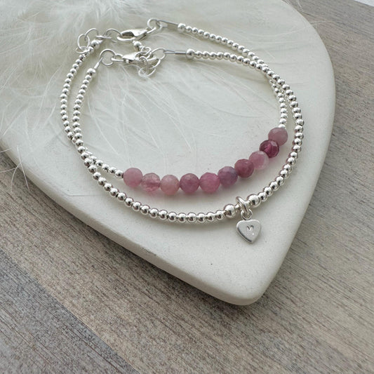 Pink Tourmaline Bracelet Set, October Birthstone Jewellery personalised with Initial