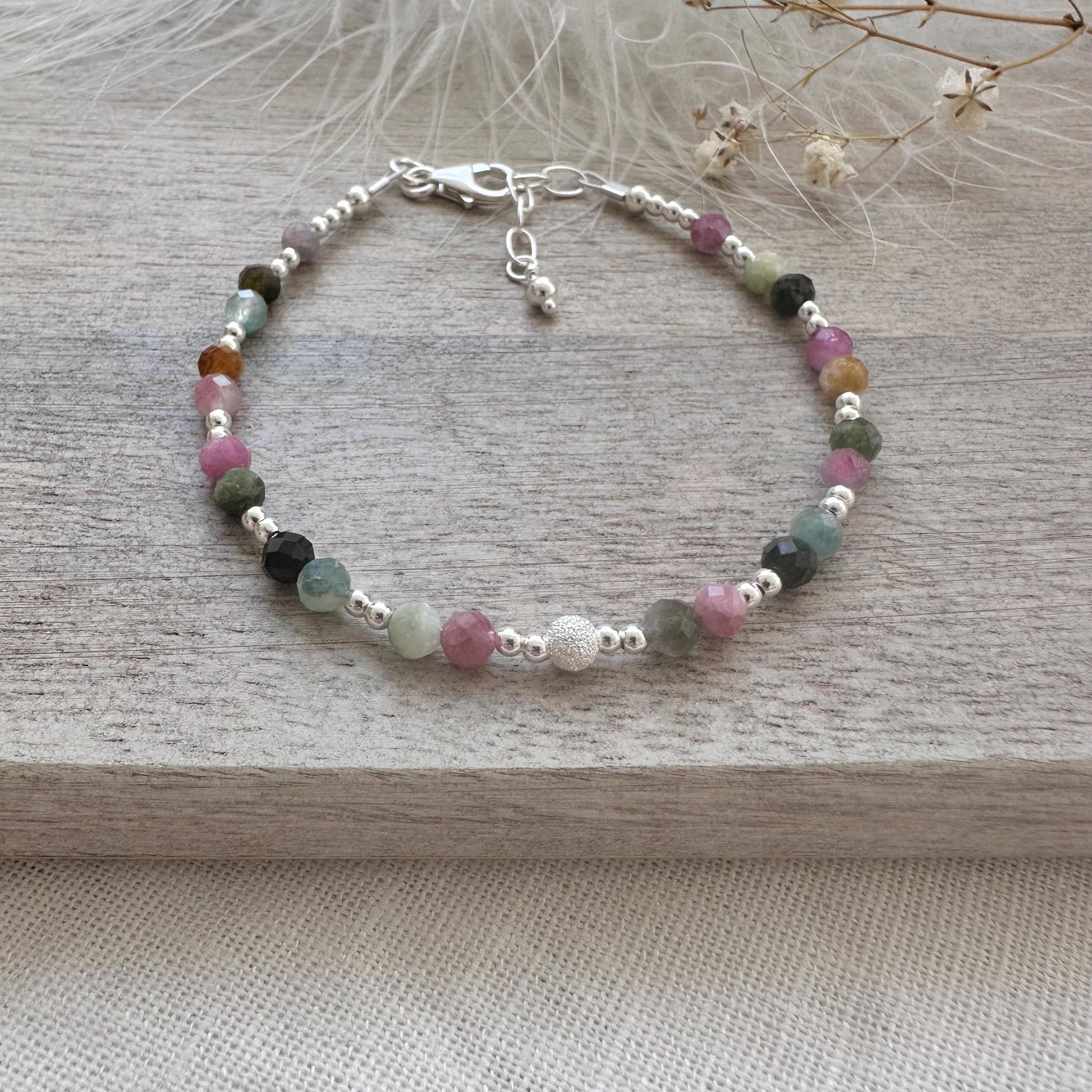 October Birthstone Bracelet, Dainty Tourmaline Bracelet in Sterling Silver