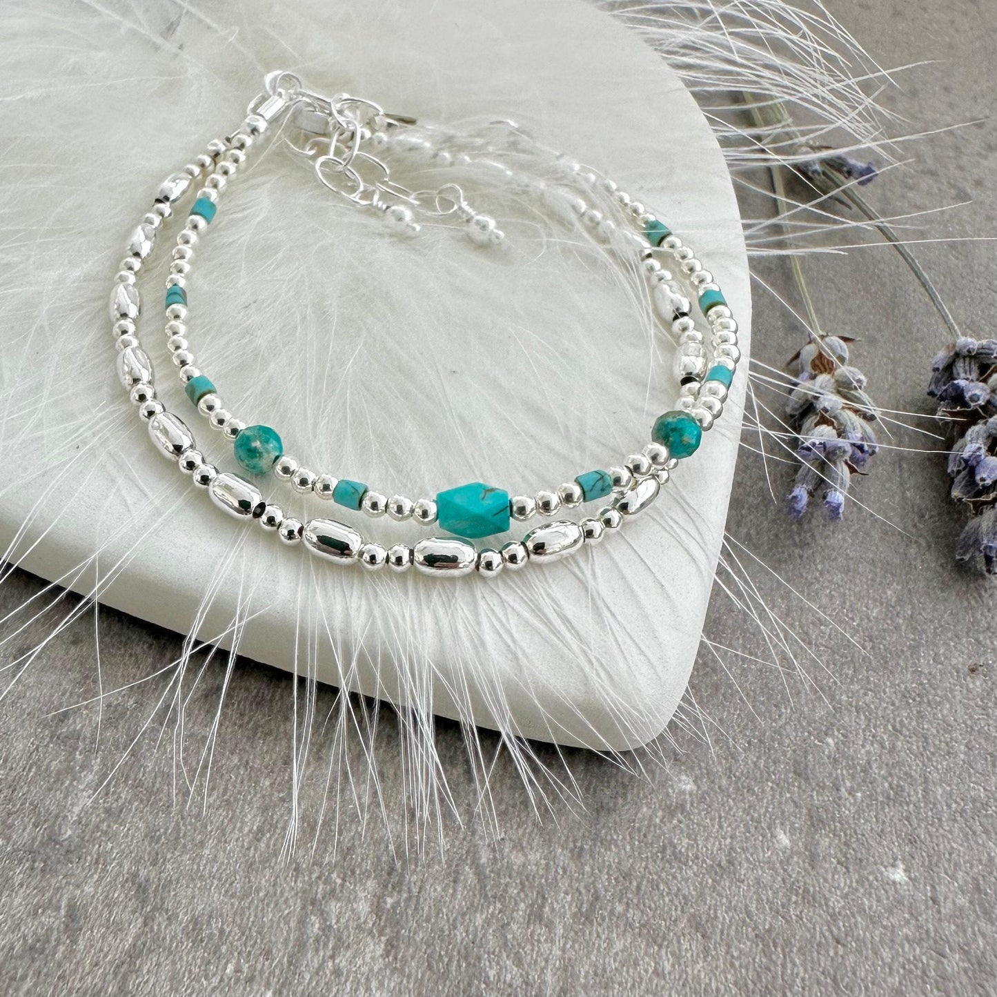 Set of Silver & Turquoise Bracelets, December Birthstones Bracelet Set in Sterling Silver