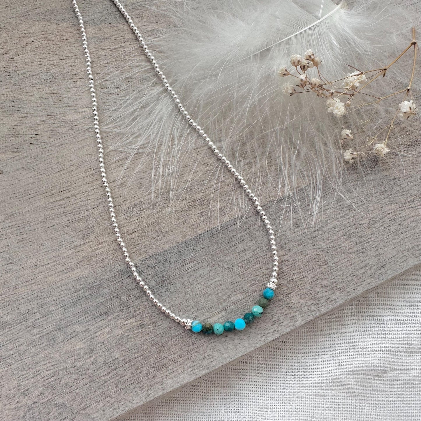 Thin Turquoise and Sterling Silver Bead Necklace, December Birthstone