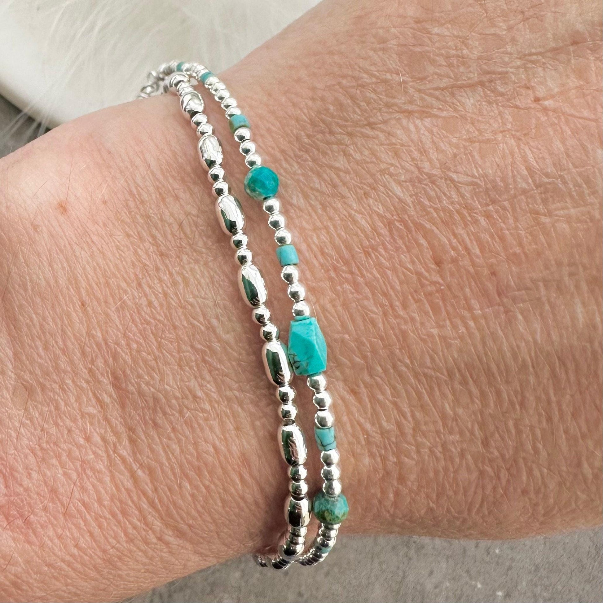 Set of Silver & Turquoise Bracelets, December Birthstones Bracelet Set in Sterling Silver