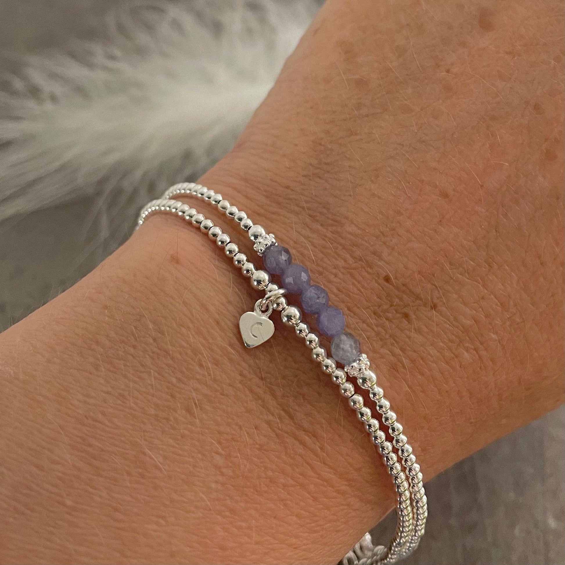 Set of Personalised December Birthstone Bracelets, made with Tanzanite and sterling silver, Stacking Bracelet Set for December Birthday