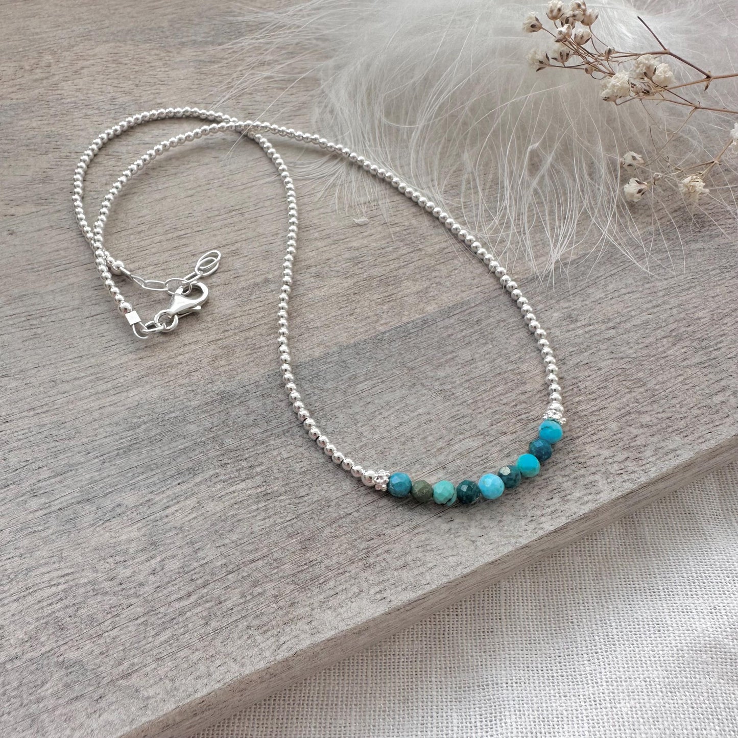 Thin Turquoise and Sterling Silver Bead Necklace, December Birthstone