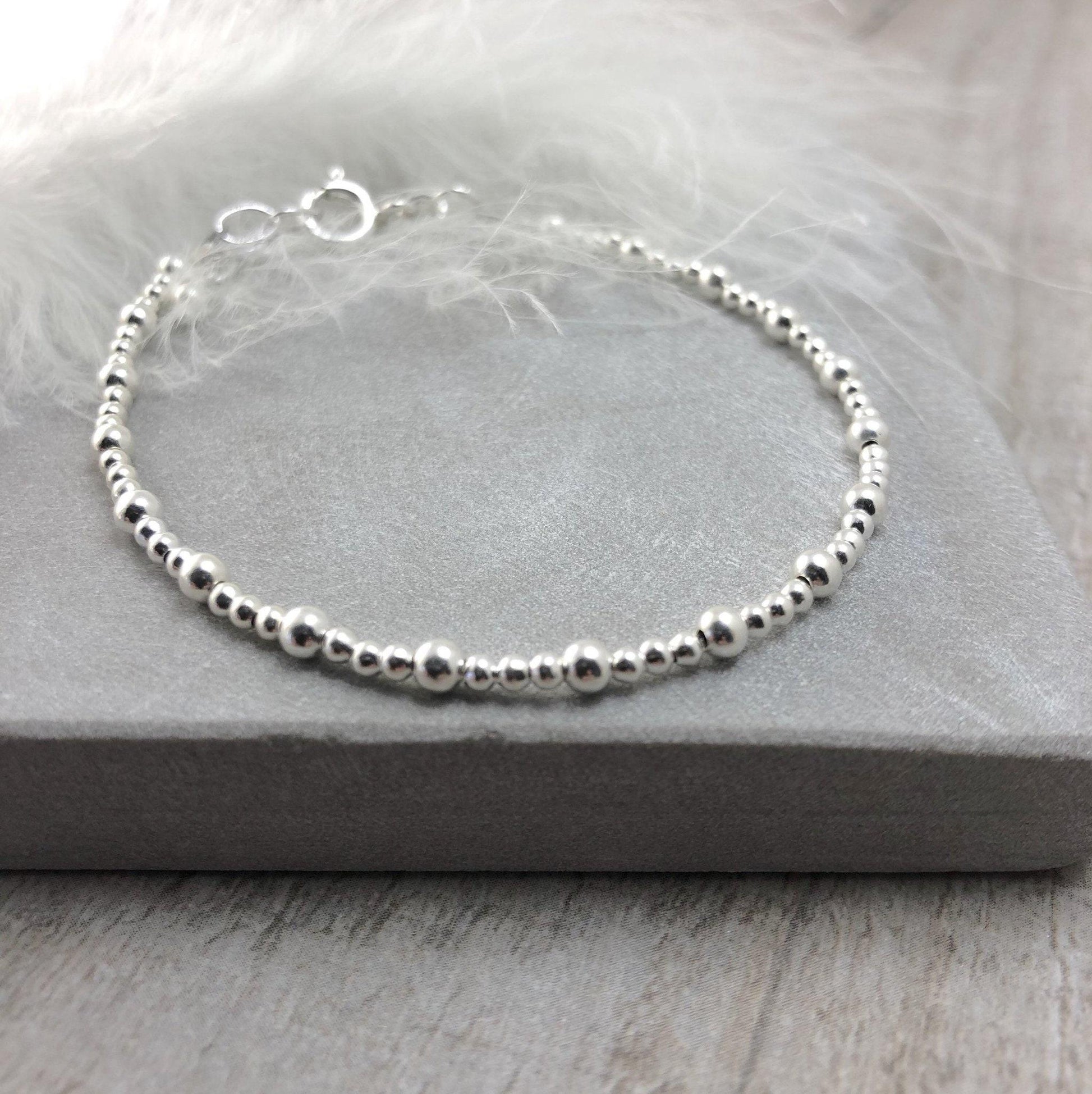 Dainty Sterling Silver 2mm 3mm Beaded Stacking Bracelet , Bracelets for Women