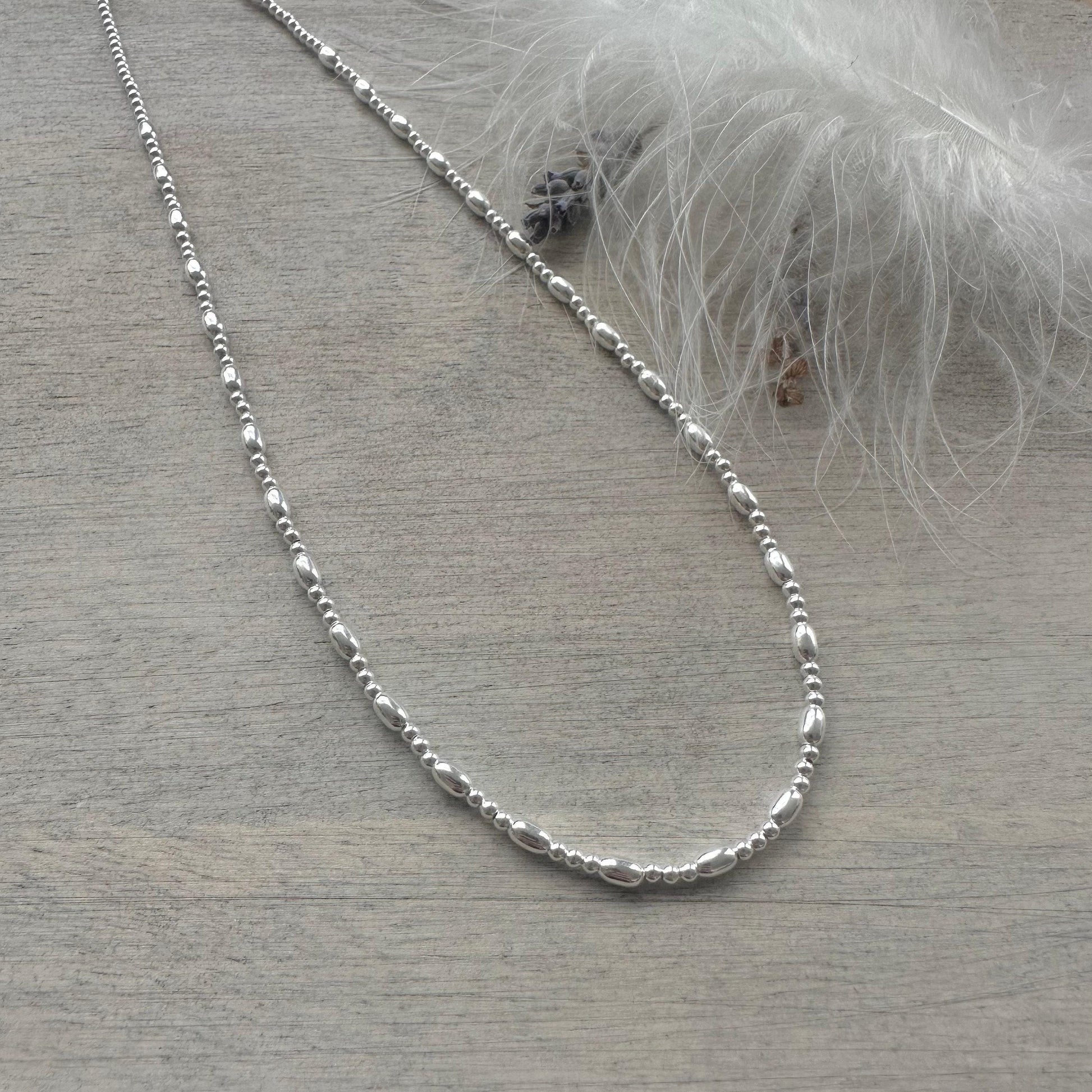 Thin Sterling Silver Oval Beaded Necklace, dainty necklace