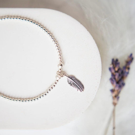 Dainty Silver Feather Bracelet, Sterling Silver Charm Bracelet with Feather