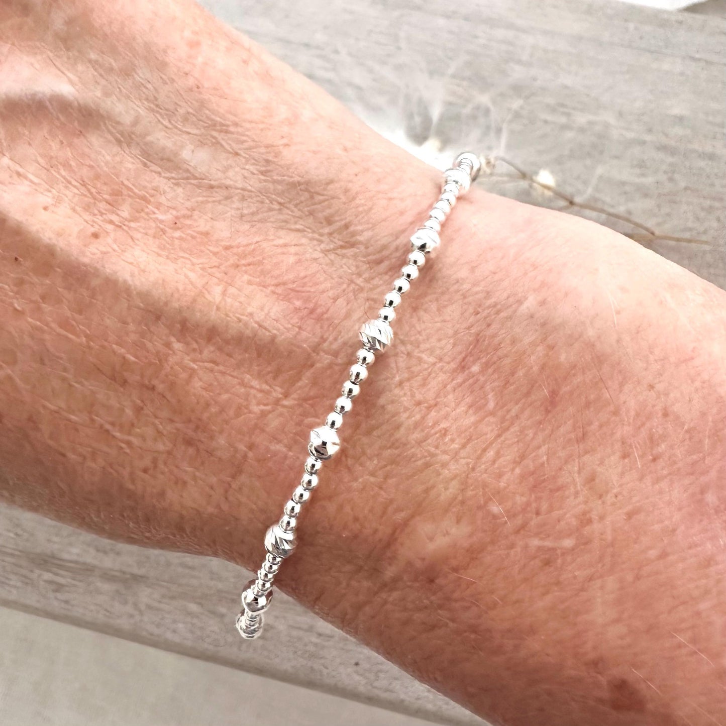 Silver Bead Layering Bracelet, sterling silver 4mm beads textured bracelet