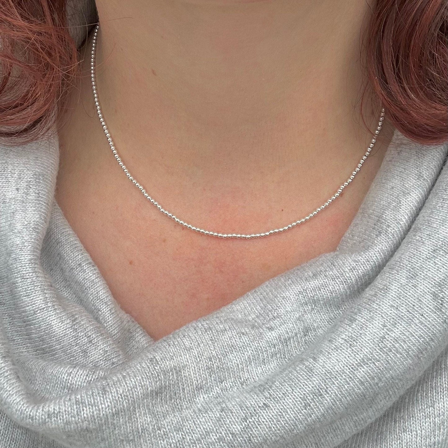 Thin 2mm Sterling Silver Bead Necklace , dainty necklace