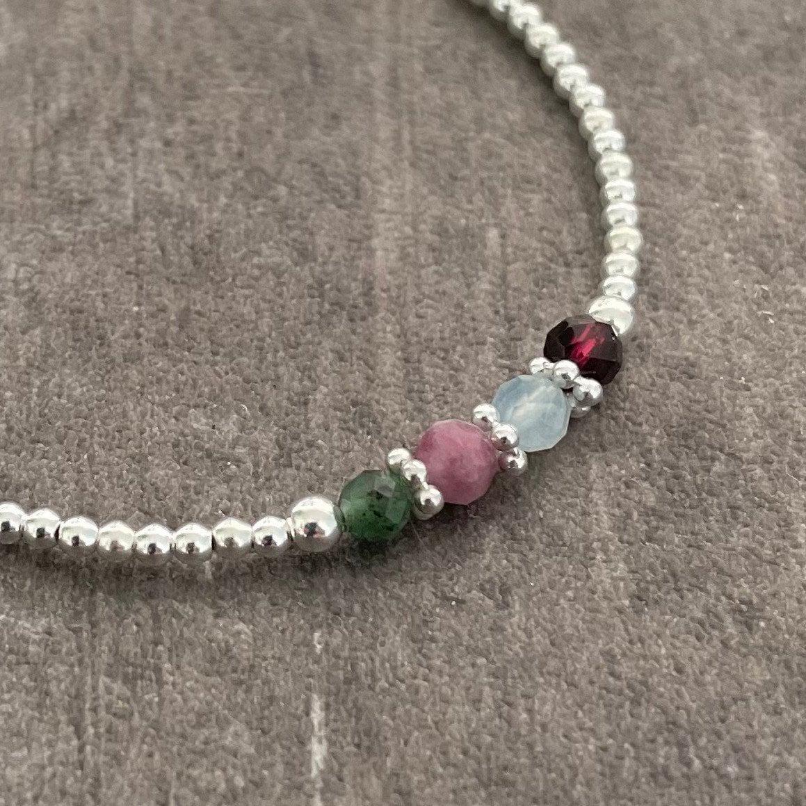 Personalised Birthstone Bracelet, Dainty Silver Bracelet with Family Birthstones