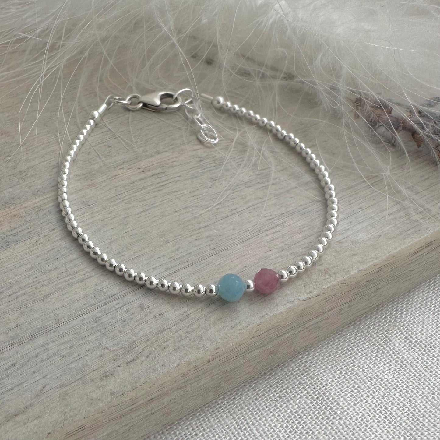 Two Birthstones Valentines Day Bracelet , for women in Sterling Silver, His and Hers Birthstone Bracelet