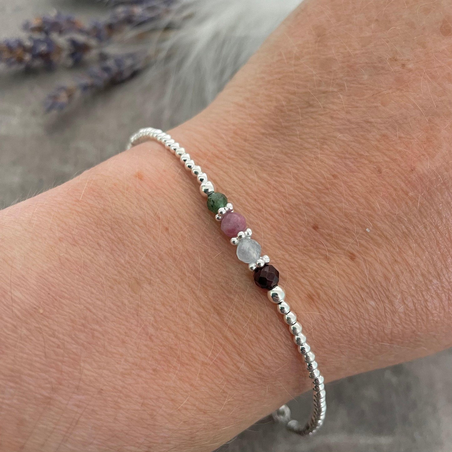 Personalised Birthstone Bracelet, Dainty Silver Bracelet with Family Birthstones