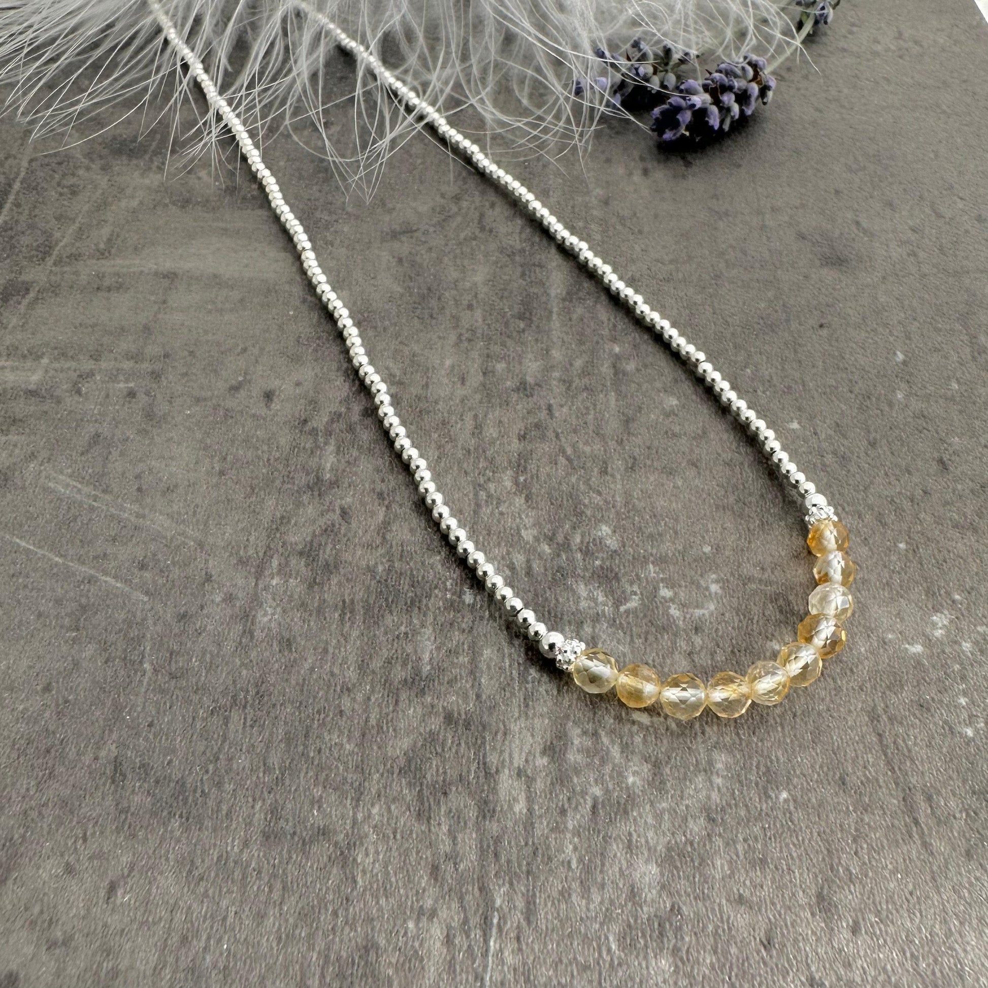 Thin Citrine and Sterling Silver Bead Necklace, November Birthstone