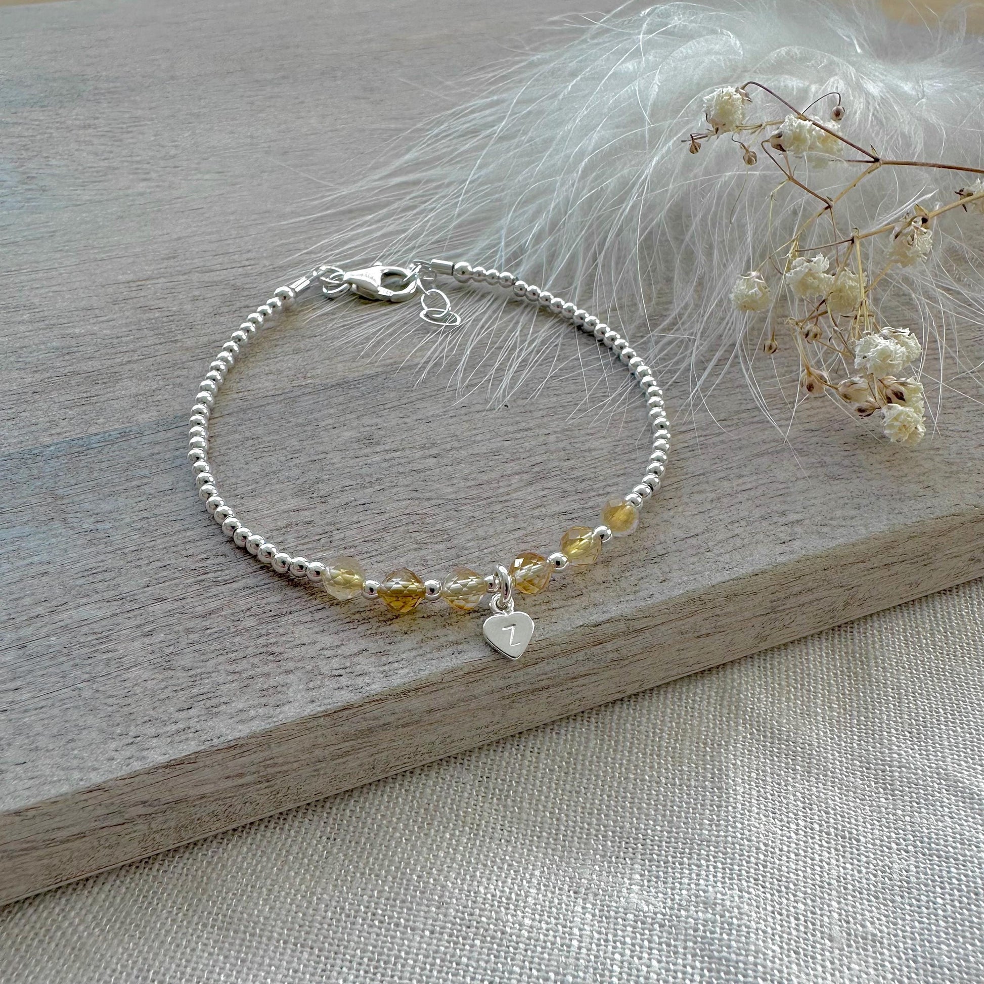 Personalised Citrine Bracelet, Dainty November Birthstone Jewellery in Sterling Silver