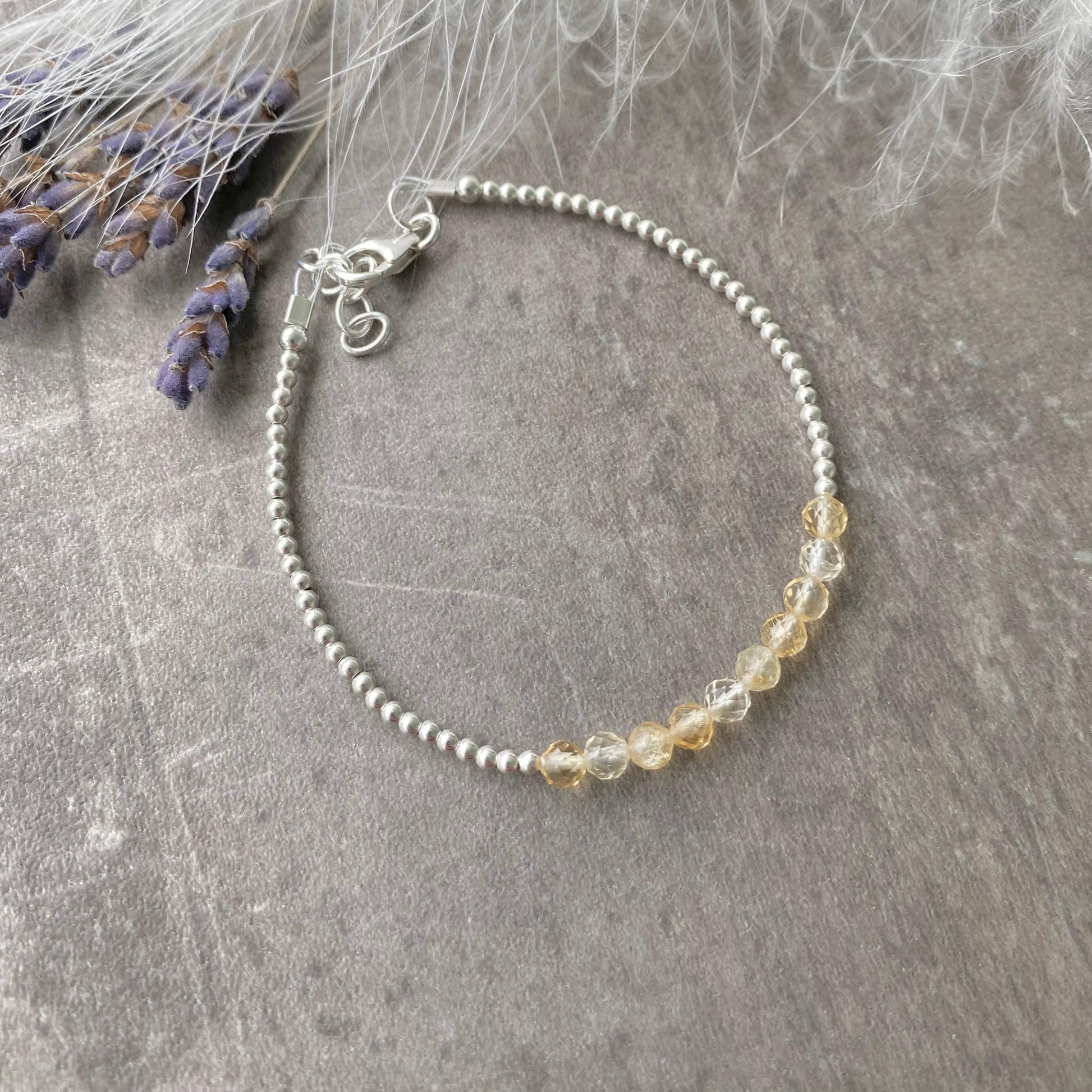 Citrine November Birthstone Bracelet, dainty stacking bracelet in sterling silver