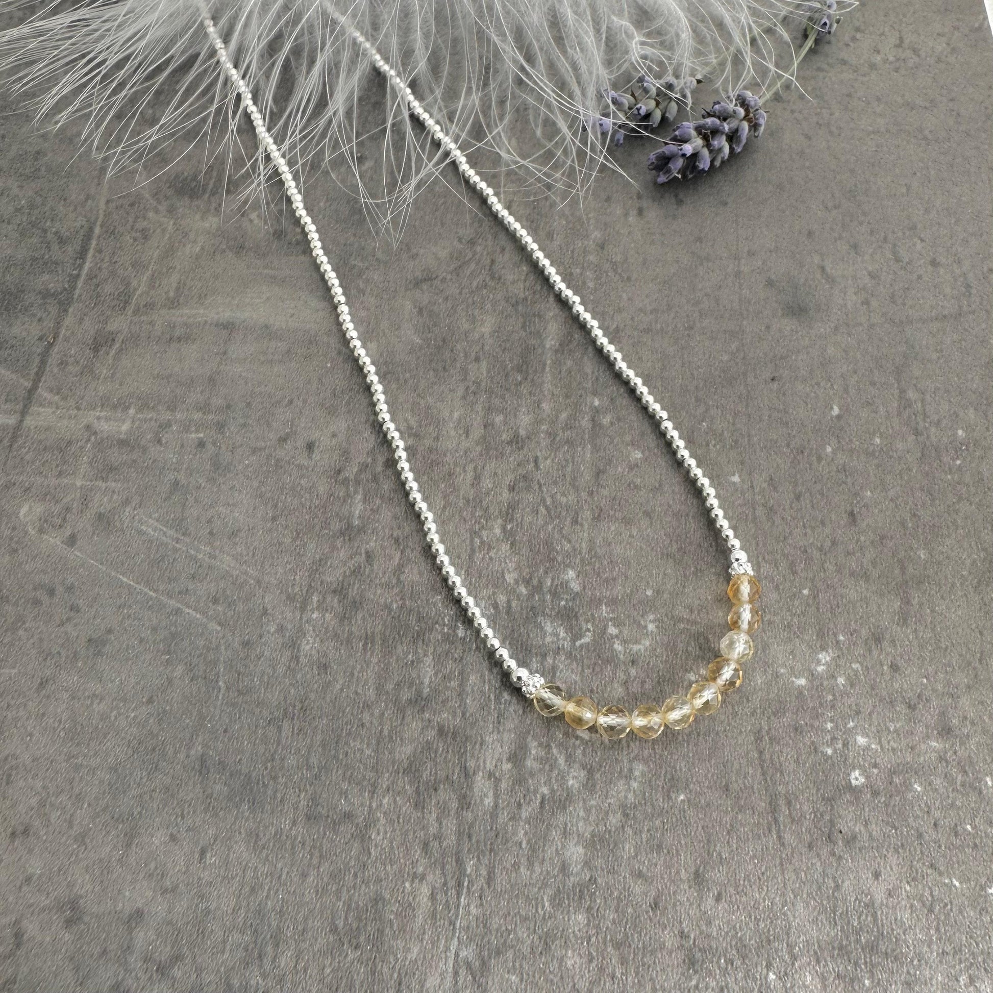 Thin Citrine and Sterling Silver Bead Necklace, November Birthstone