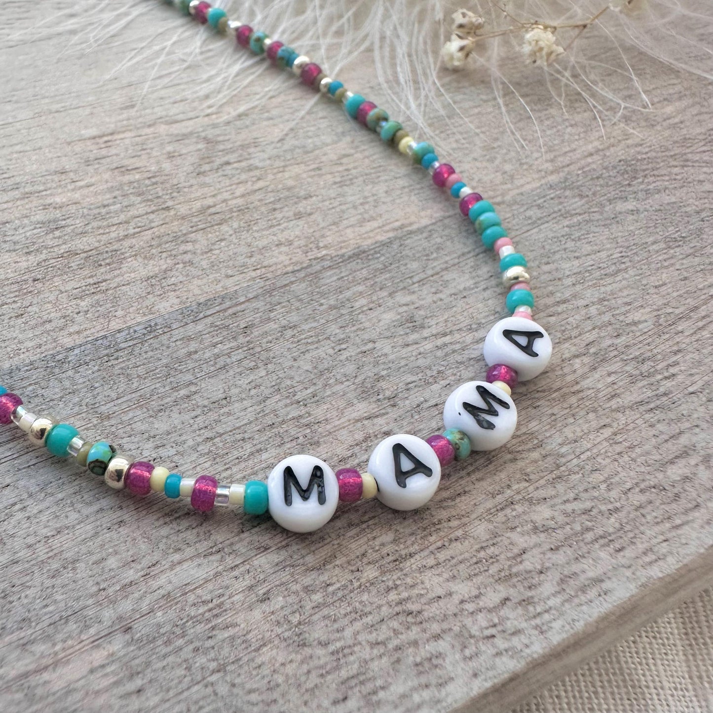 MAMA Beaded Necklace, New mum Gift with glass letter beads in sterling silver