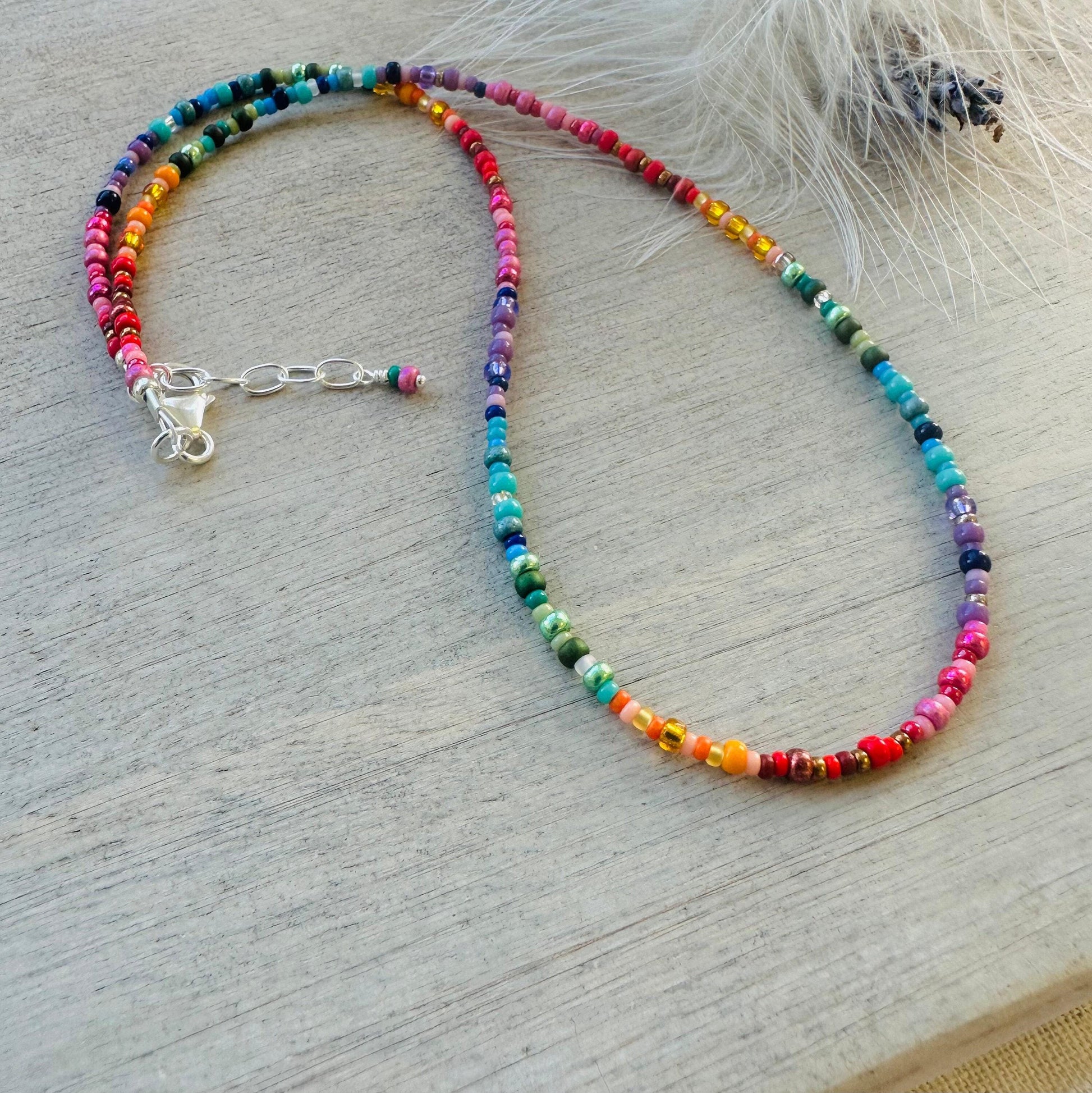 Colourful thin rainbow necklace with seed beads ombre rainbow