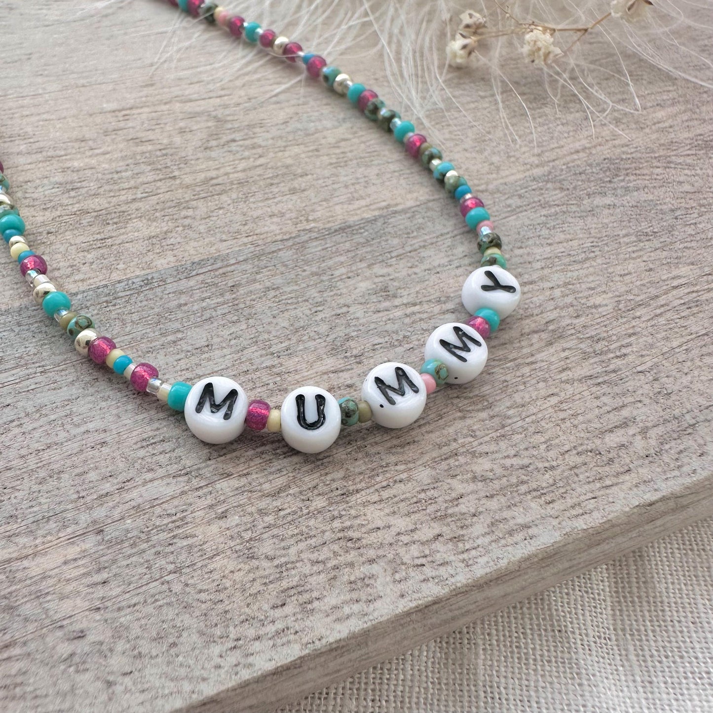 MUMMY Beaded Necklace, Mummy Gift for Christmas or Birthday with glass letter beads in sterling silver