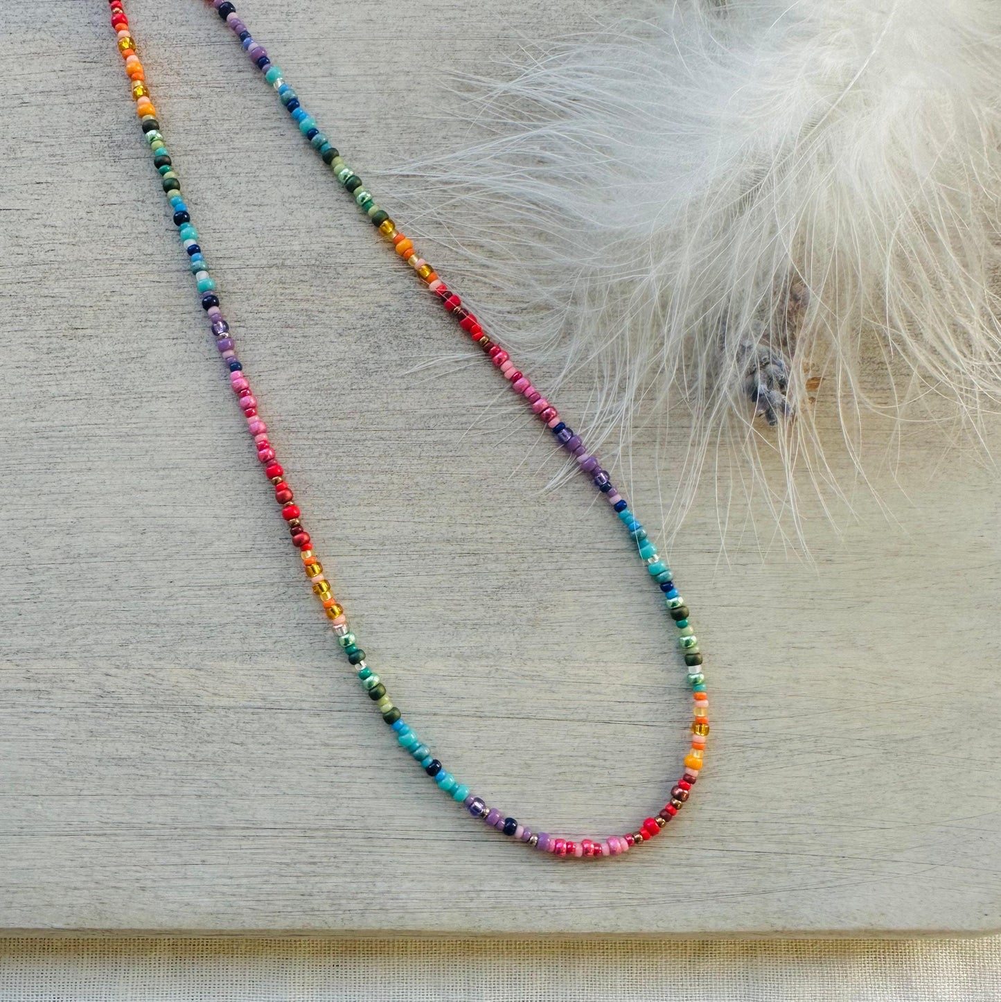 Colourful thin rainbow necklace with seed beads ombre rainbow