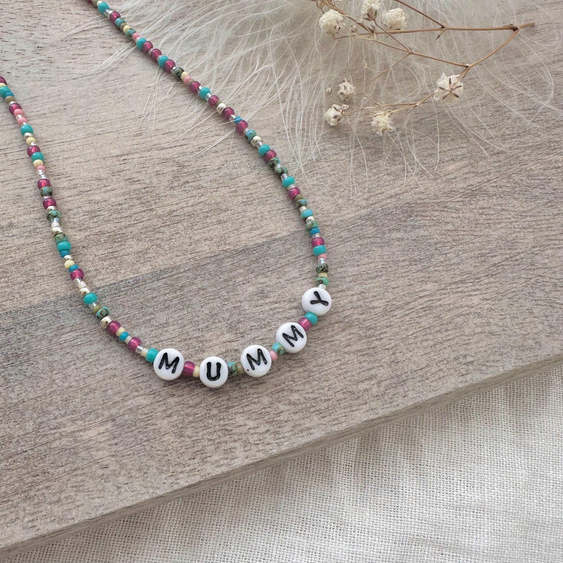 MUMMY Beaded Necklace, Mummy Gift for Christmas or Birthday with glass letter beads in sterling silver