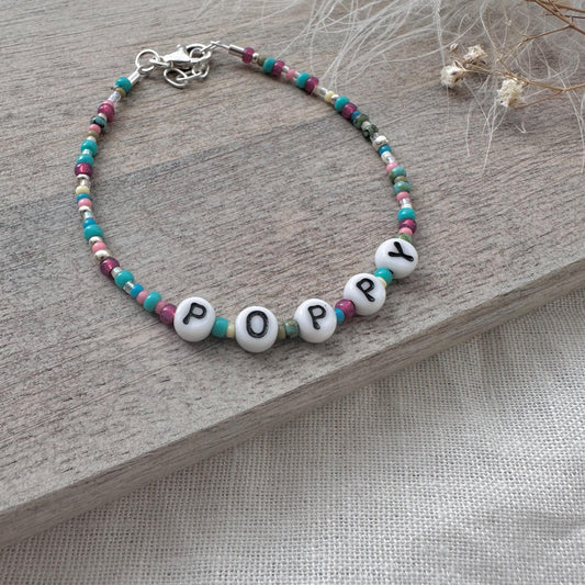 Personalised Beaded Name Bracelet, Birthday Gift for Girls with glass letter and seed beads