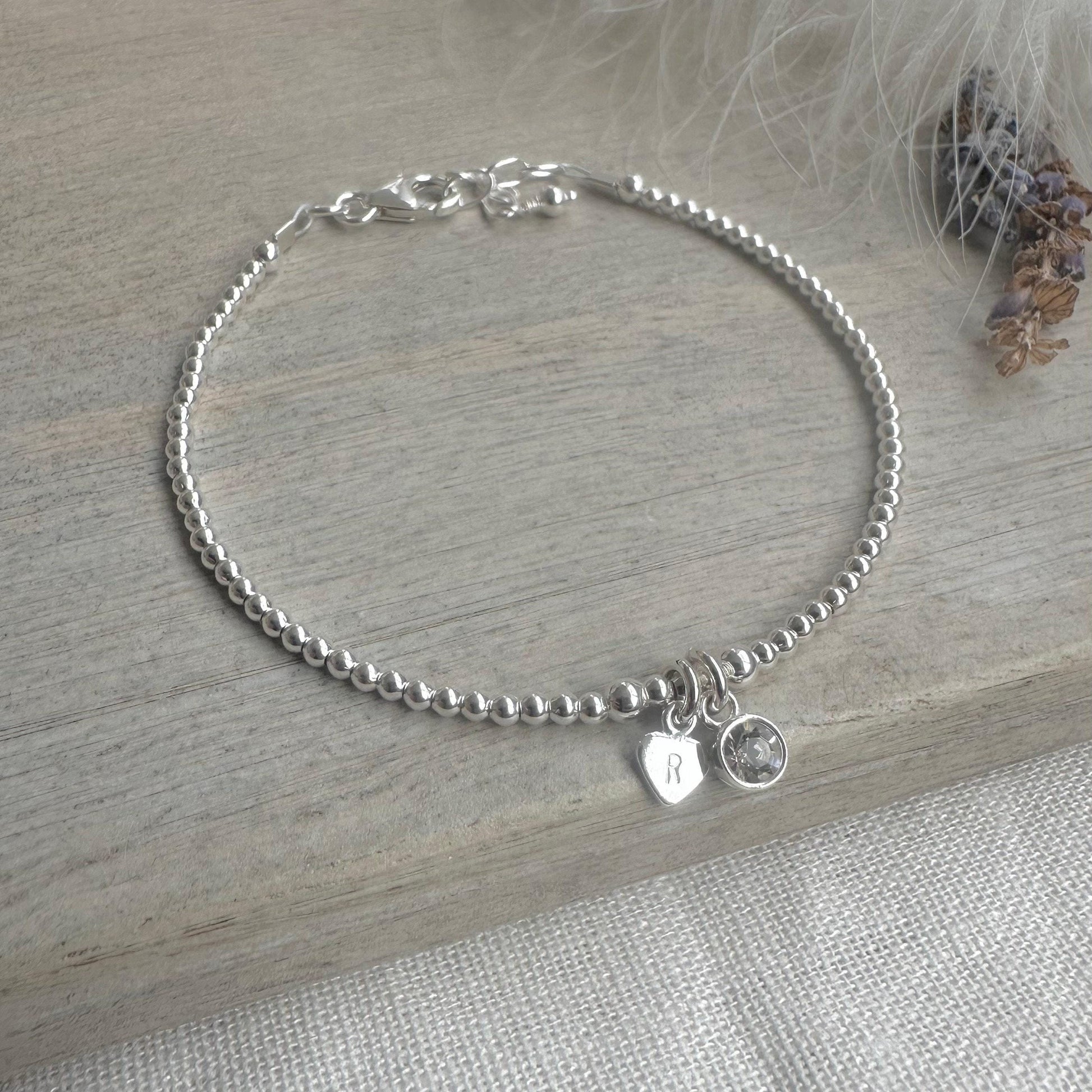 Dainty April Birthstone Initial Bracelet, Personalised Cubic Zirconia Sterling Silver