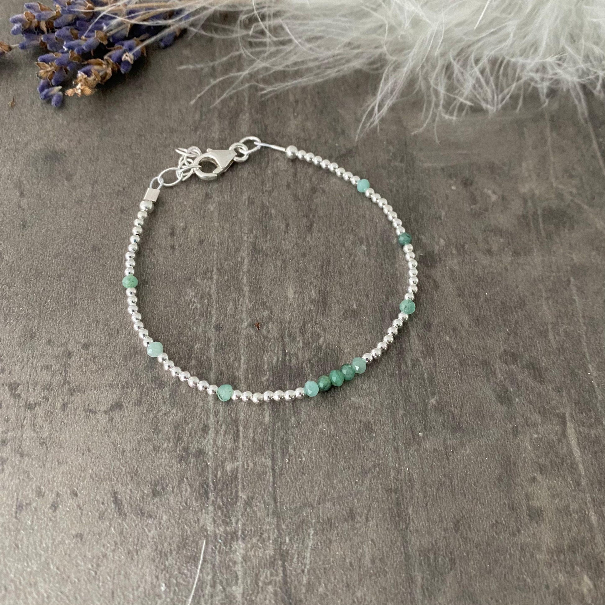 Dainty Green Emerald Bracelet in Sterling Silver, May Birthstone