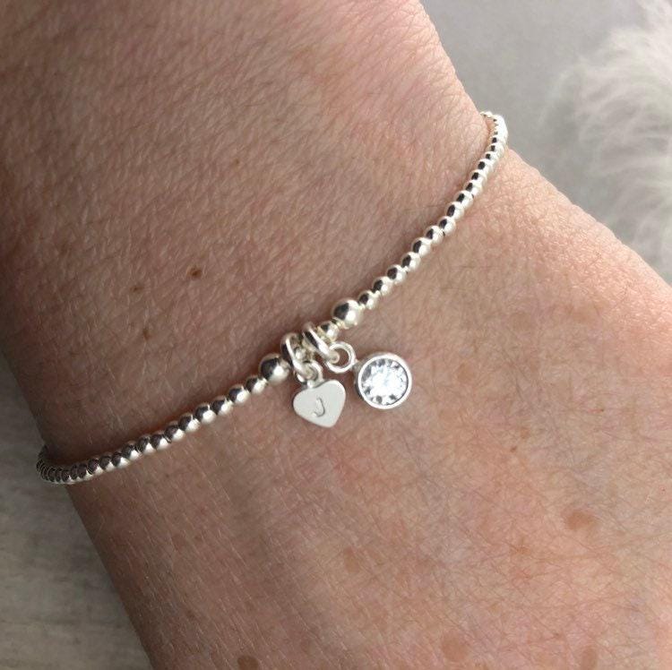 Dainty April Birthstone Initial Bracelet, Personalised Cubic Zirconia Sterling Silver