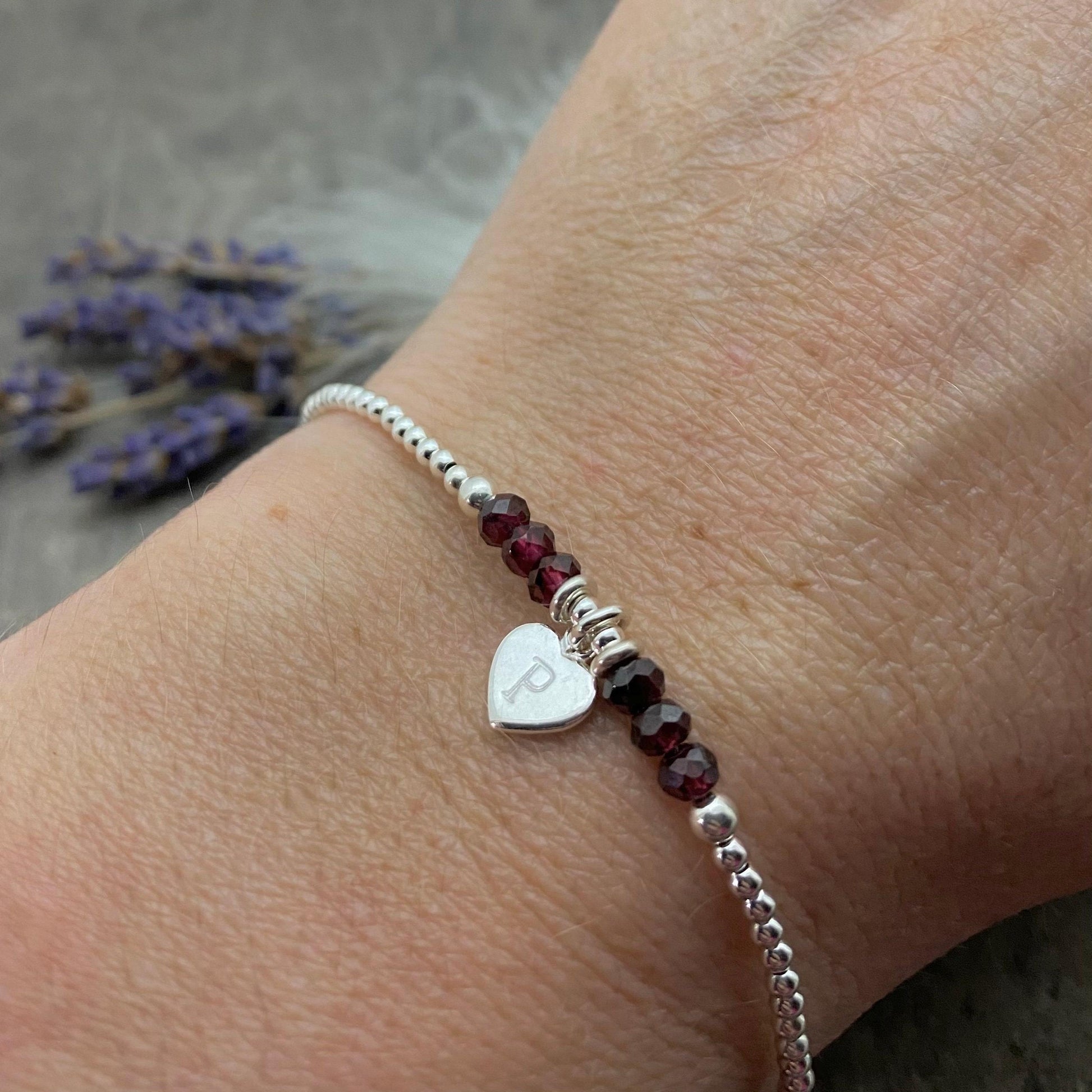 Personalised January Birthstone Bracelet, Dainty Garnet Bracelet in Sterling Silver