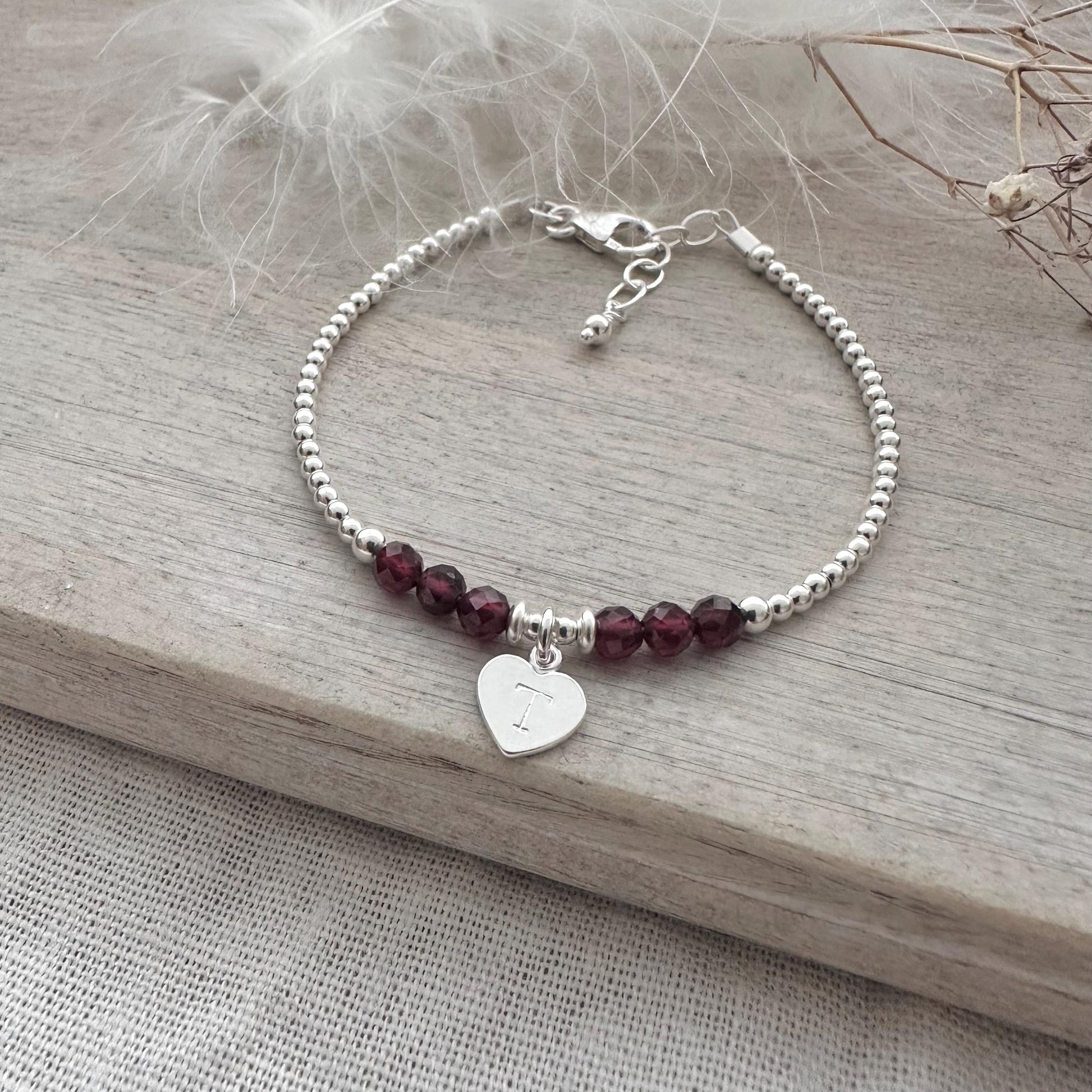 Personalised January Birthstone Bracelet, Dainty Garnet Bracelet in Sterling Silver